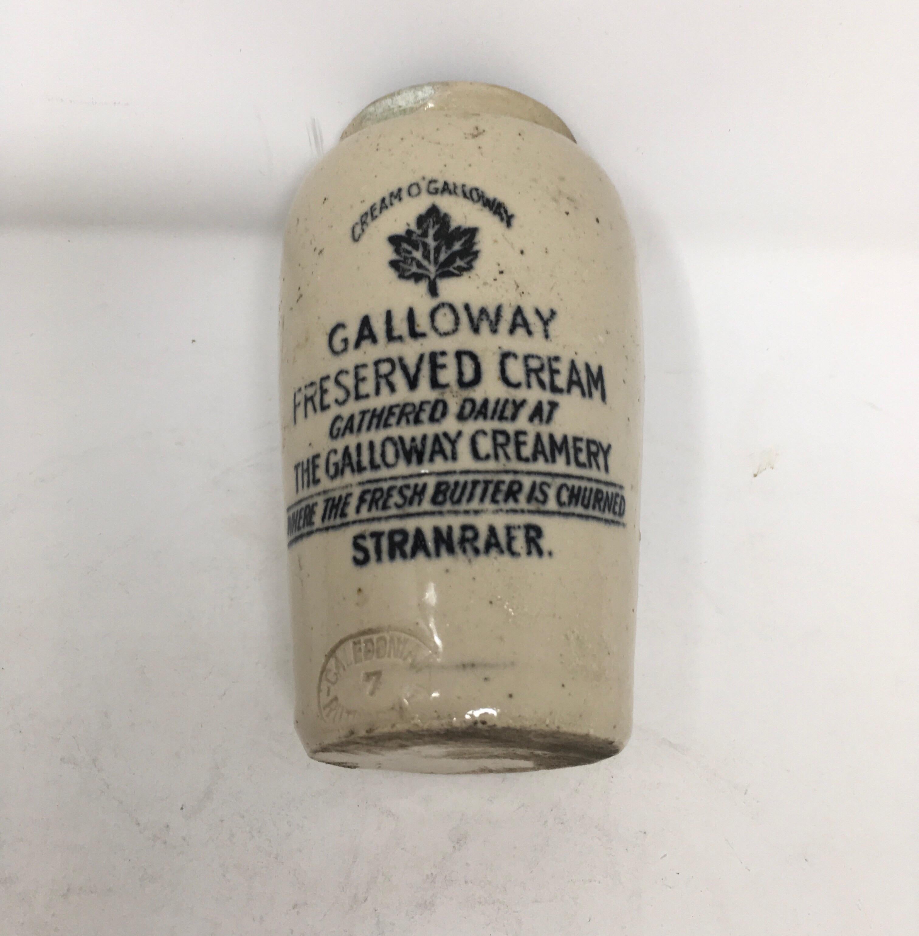 Found in England, this vintage Galloway preserved cream ironstone advertising jar from Scotland is in good clean condition. The decorative pot has transfer on the front in black lettering under the glaze and has the company's logo, Cream O'Galloway