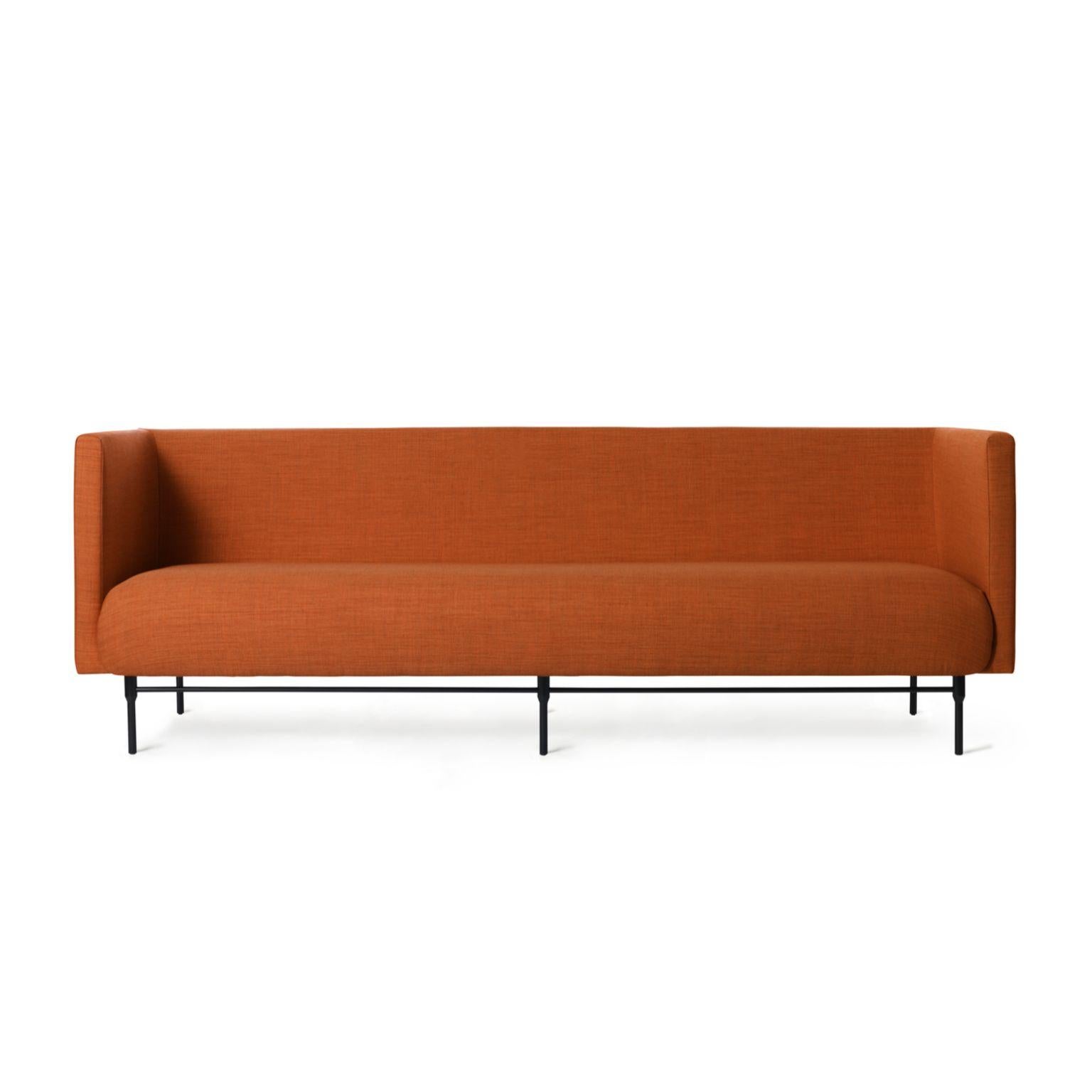 Galore 3 seater burnt orange by Warm Nordic
Dimensions: D 222 x W 83 x H 76 cm
Material: Textile upholstery, Powder coated black steel legs, Wooden frame, foam, spring system.
Weight: 62 kg
Also available in different colours and