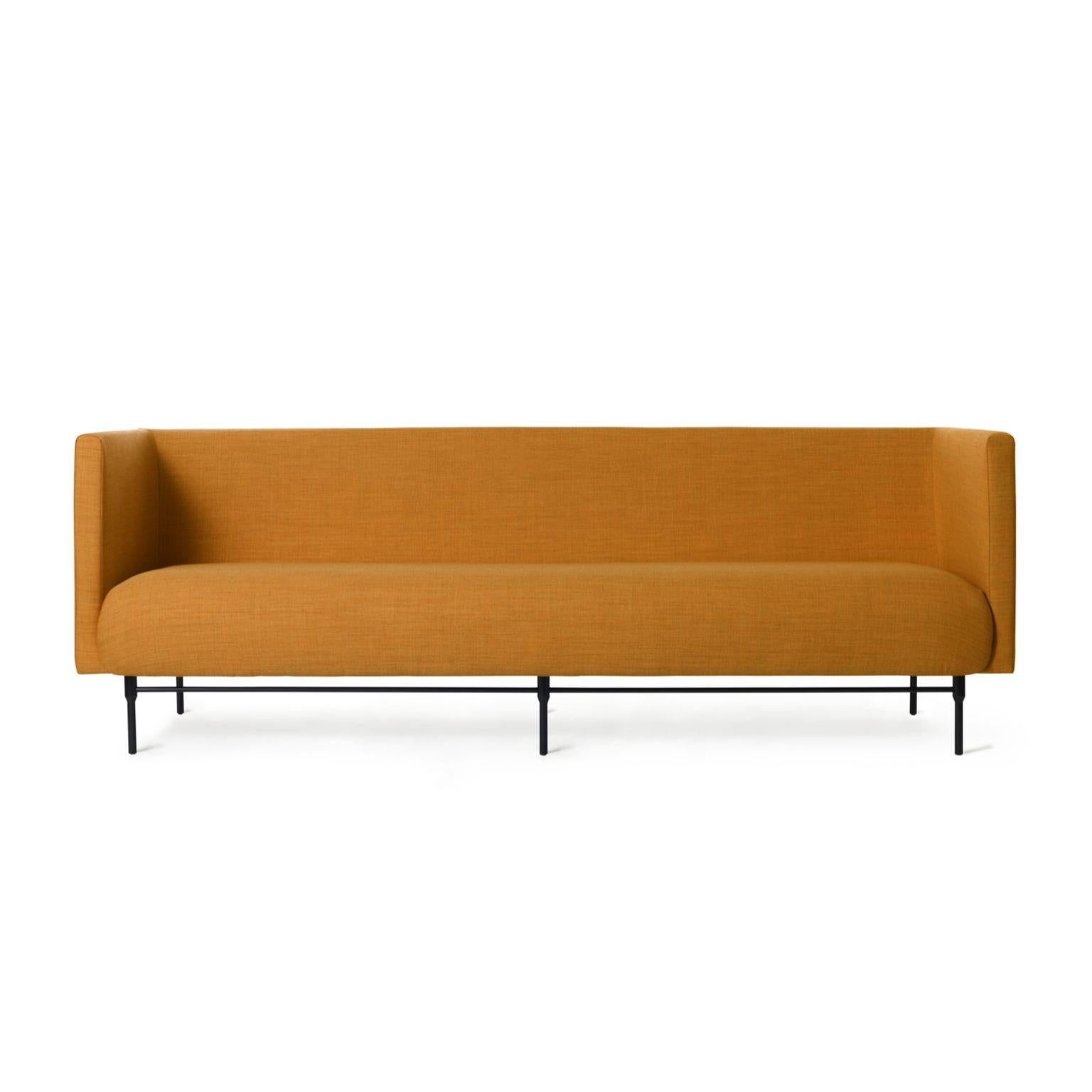 Galore 3 seater dark Ochre by Warm Nordic
Dimensions: D 222 x W 83 x H 76 cm
Material: Textile upholstery, Powder coated black steel legs, Wooden frame, foam, spring system.
Weight: 62 kg
Also available in different colours and finishes.

Warm