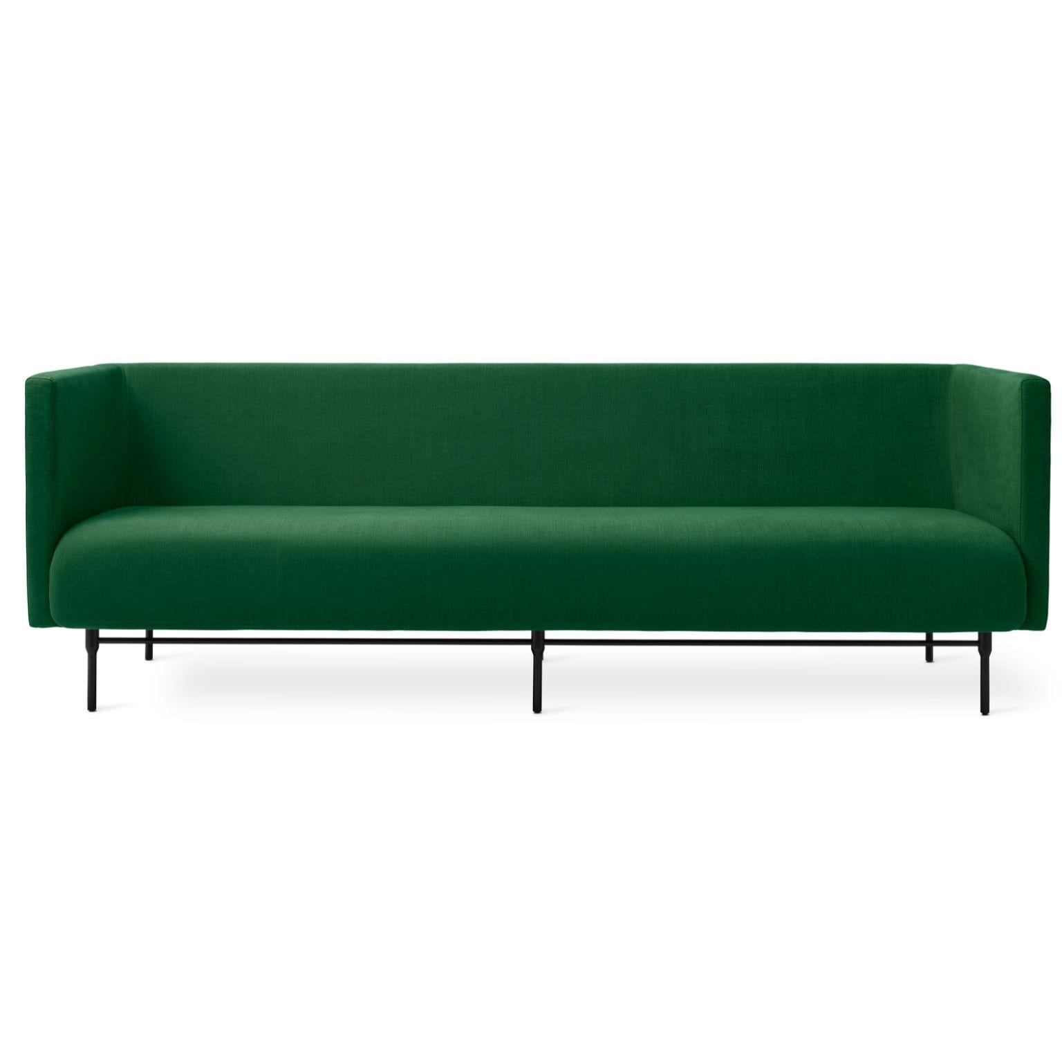 Galore 3 seater Emerald by Warm Nordic
Dimensions: D222 x W83 x H 76 cm
Material: Textile upholstery, Powder coated black steel legs, Wooden frame, foam, spring system.
Weight: 62 kg
Also available in different colours and finishes. 

Warm