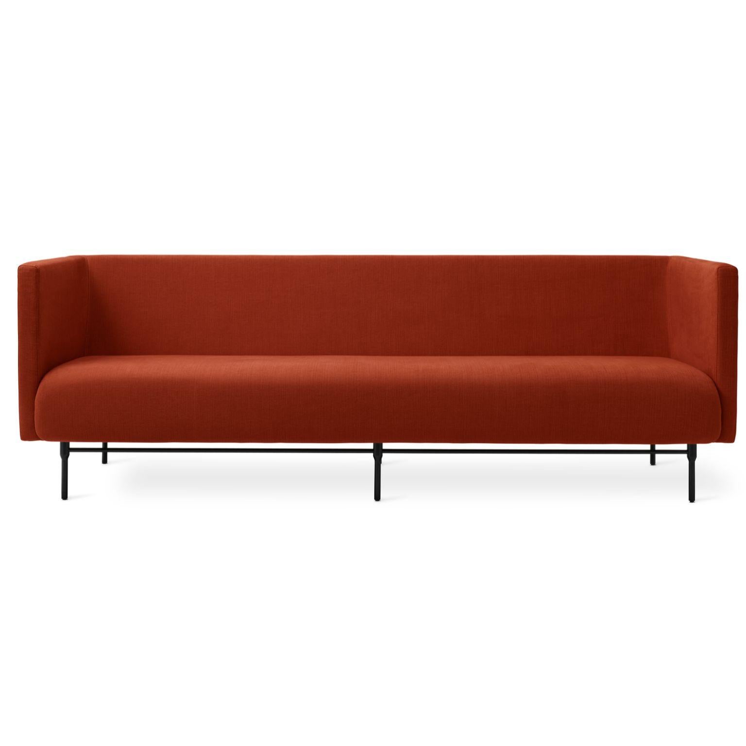 Galore 3 seater maple red by Warm Nordic
Dimensions: D222 x W83 x H 76 cm
Material: Textile upholstery, Powder coated black steel legs, Wooden frame, foam, spring system.
Weight: 62 kg
Also available in different colours and finishes. 

Warm