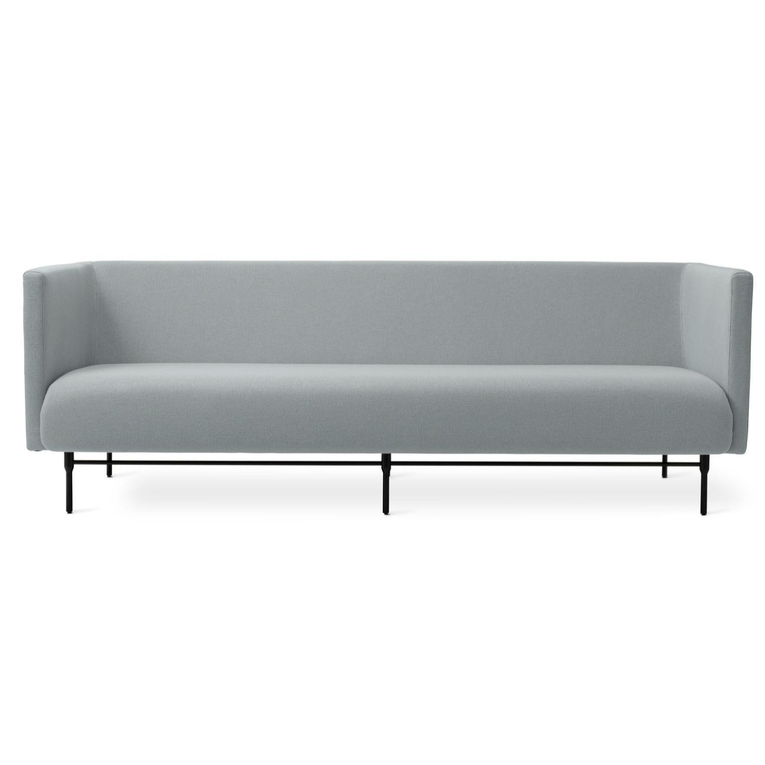 Galore 3 seater minty grey by Warm Nordic
Dimensions: D222 x W83 x H 76 cm
Material: Textile upholstery, Powder coated black steel legs, Wooden frame, foam, spring system.
Weight: 62 kg
Also available in different colours and finishes. 

Warm