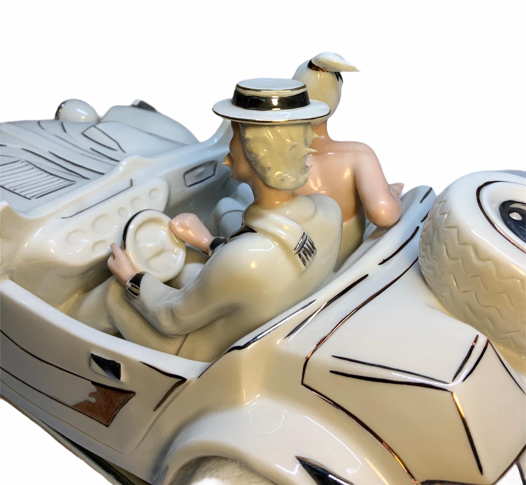 Spanish Galos Design Porcelain of a Couple Driving a Car For Sale