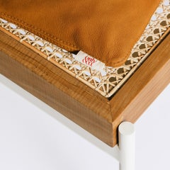 Galoya Bench Handmade Teak Rattan Steel Linen Cushion Scandi Style, In Stock