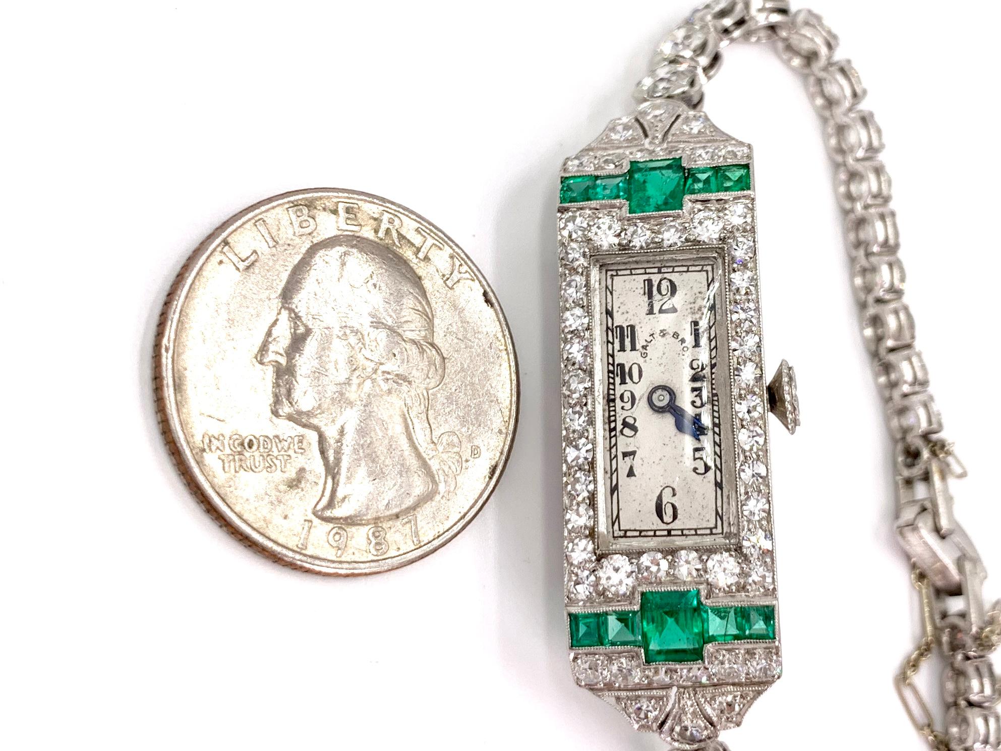 Galt & Bro. Platinum Diamond and Emerald Watch with Patek Philippe Movement 7