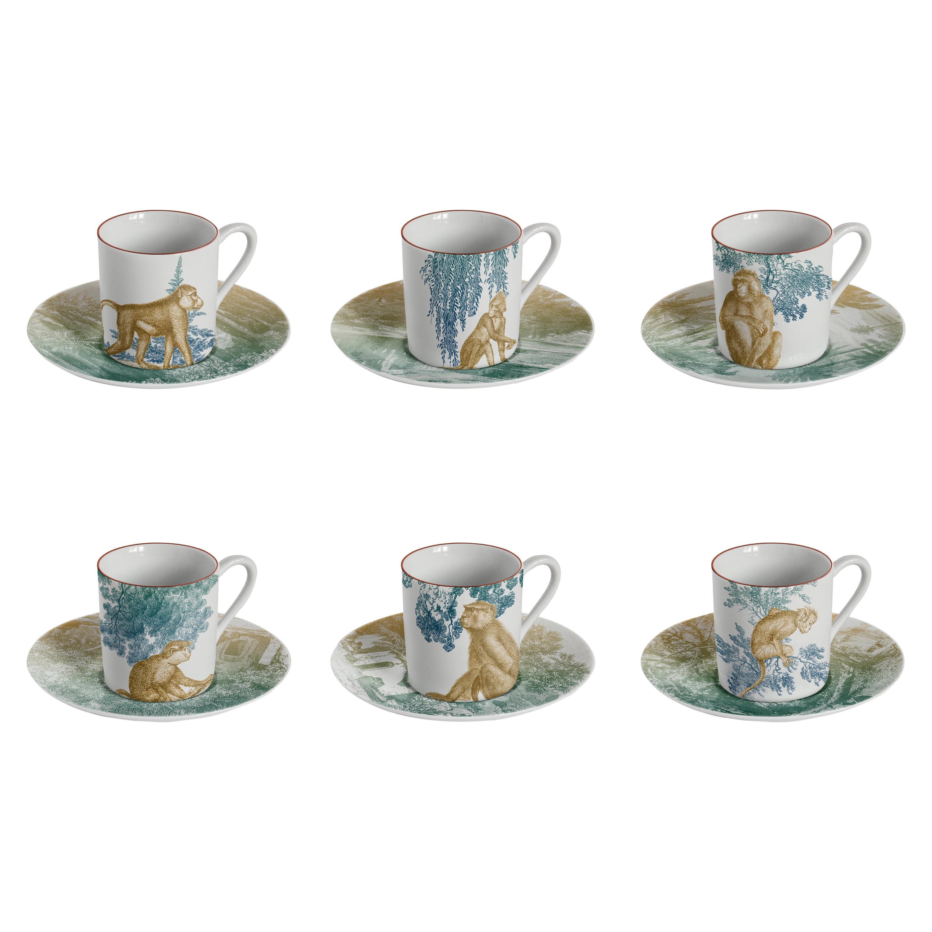 Galtaji, Coffee Set with Six Contemporary Porcelains with Decorative Design For Sale