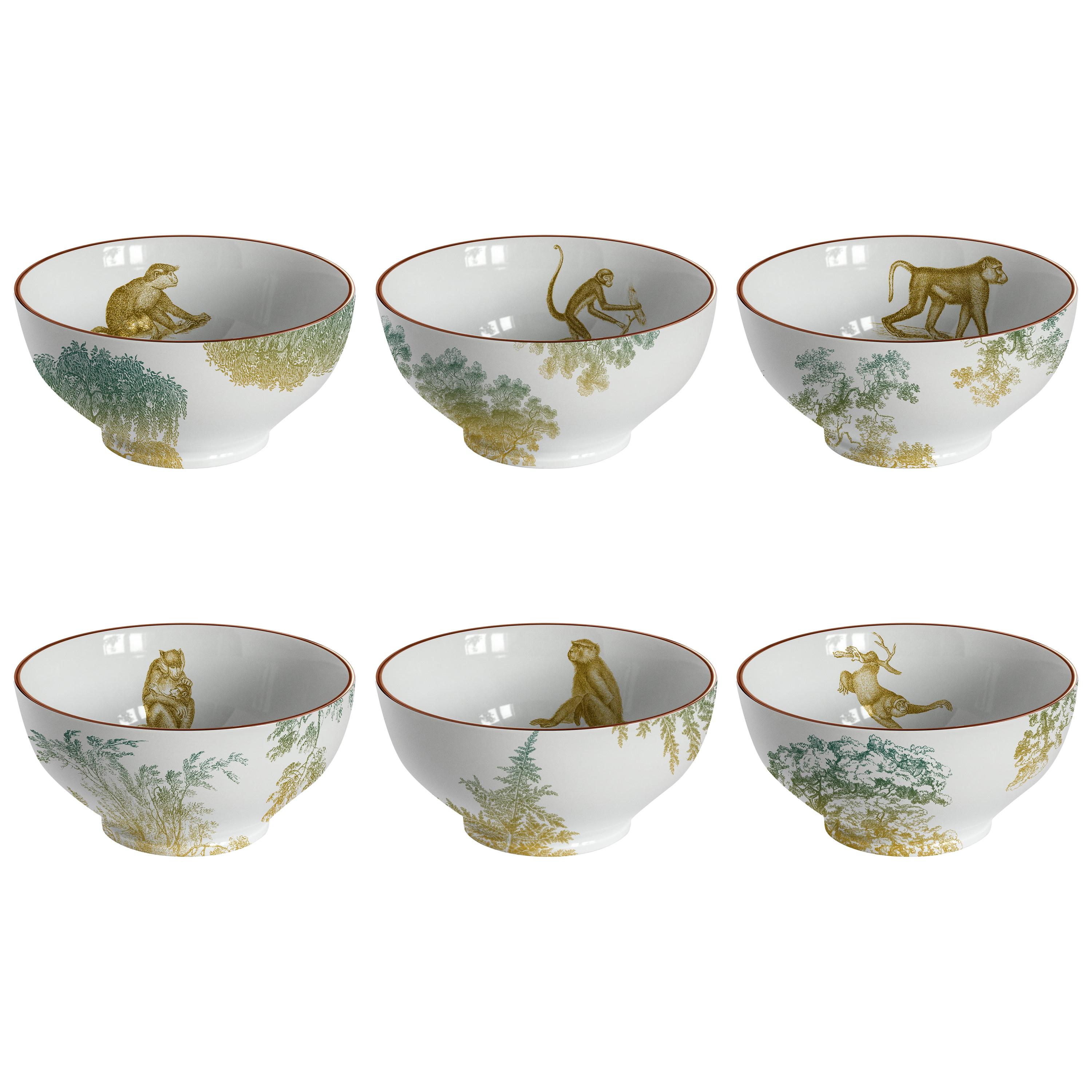 Galtaji, Six Contemporary Porcelain Bowls with Decorative Design