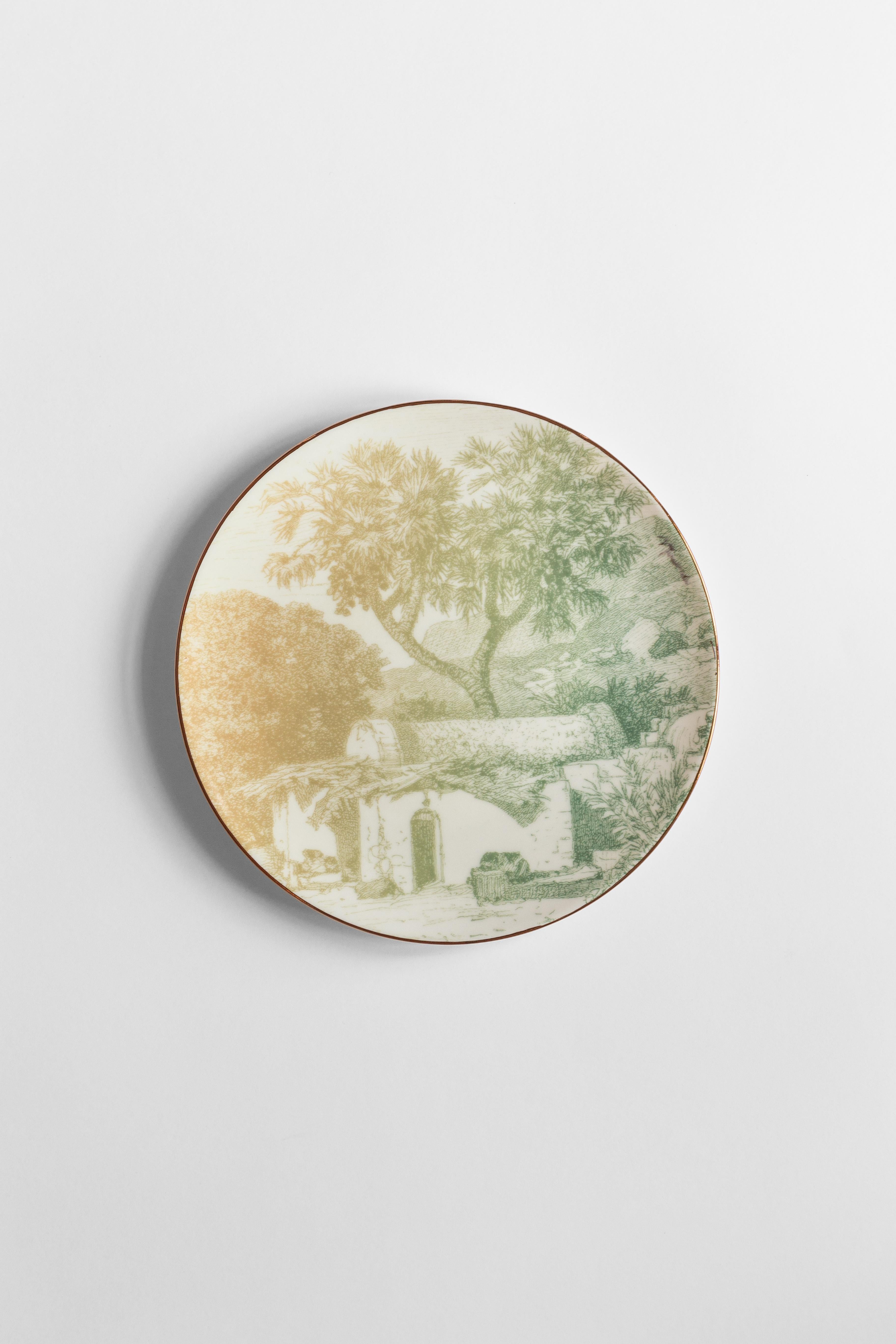 Galtaji, Six Contemporary Porcelain Dessert Plates with Decorative Design For Sale 3