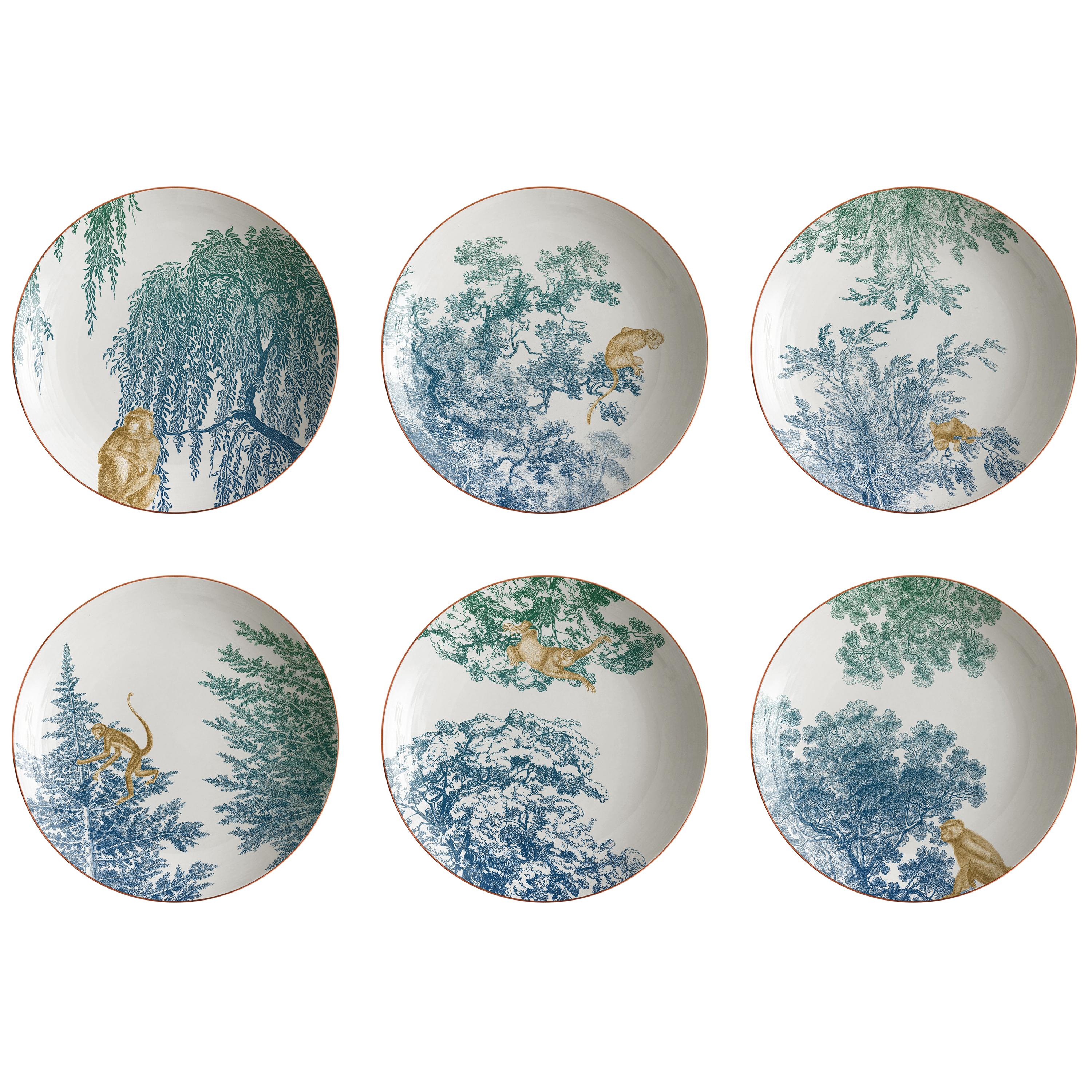 Galtaji, Six Contemporary Porcelain Soup Plates with Decorative Design