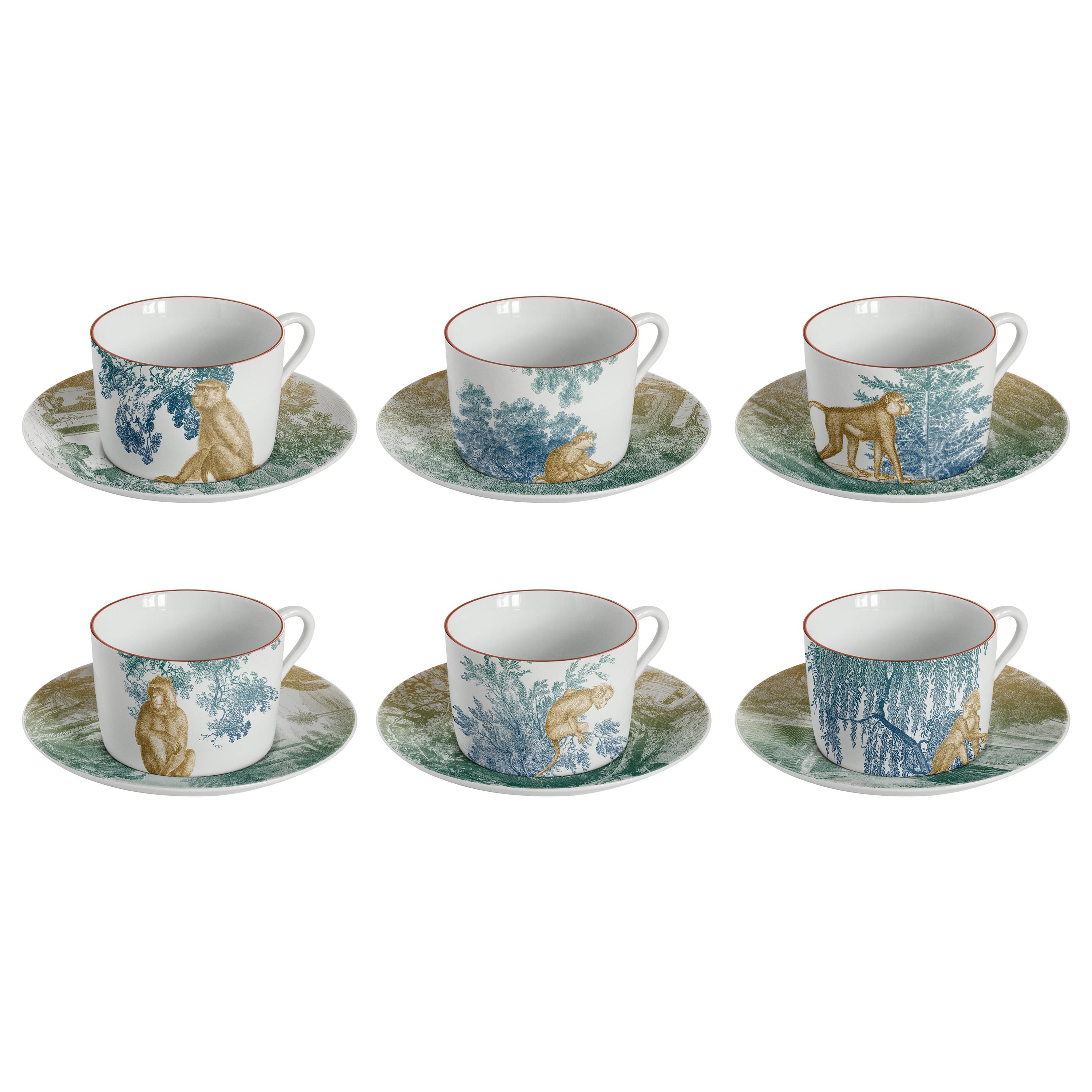 Galtaji, Tea Set with Six Contemporary Porcelains with Decorative Design