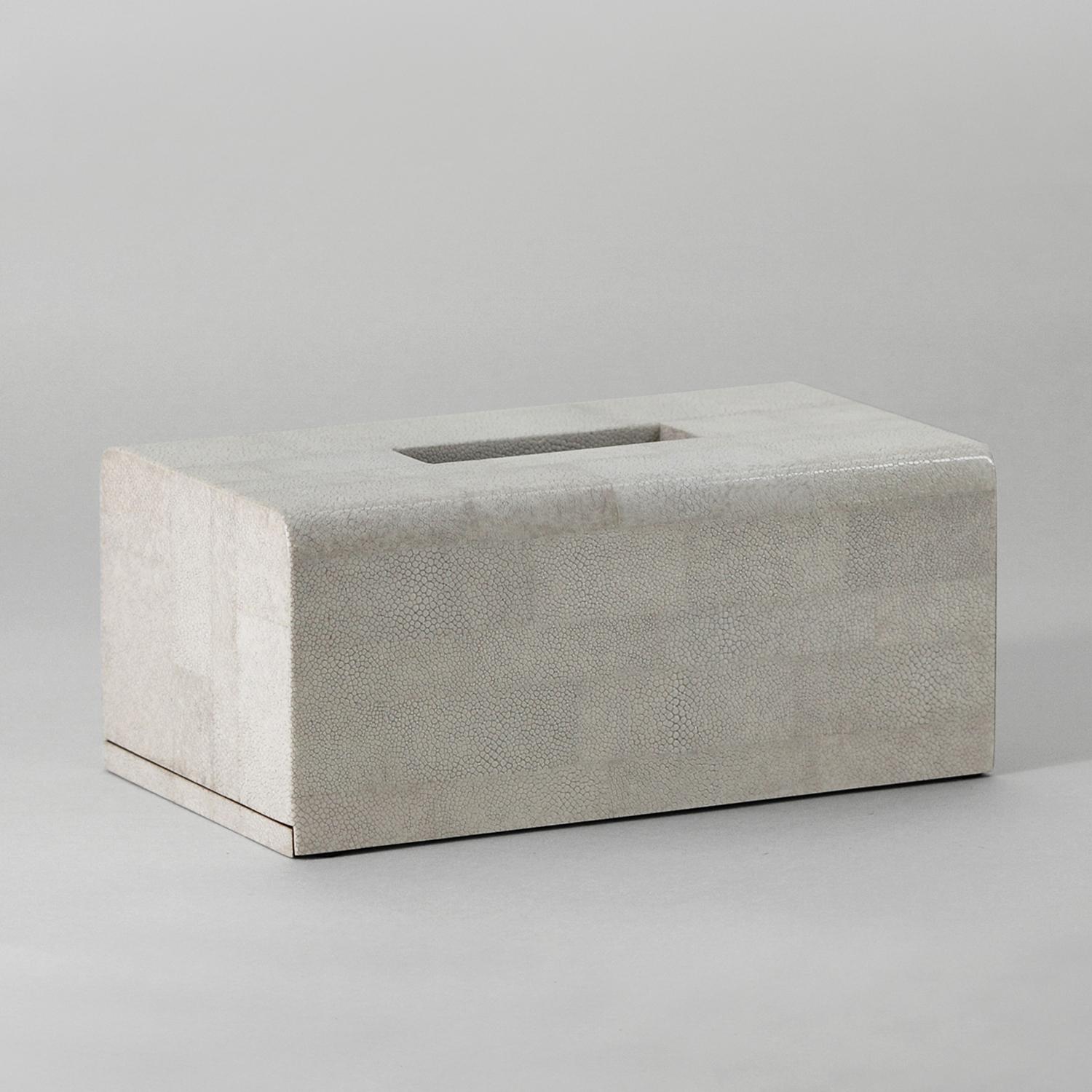 Lines of shagreen cover elegant tissue box, allowing subtle differences in the natural tone and texture of each panel.