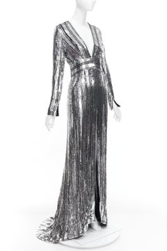 GALVAN LONDON 1616 Stardust silver black sequin deep V slit sleeve gown IT36 XXS