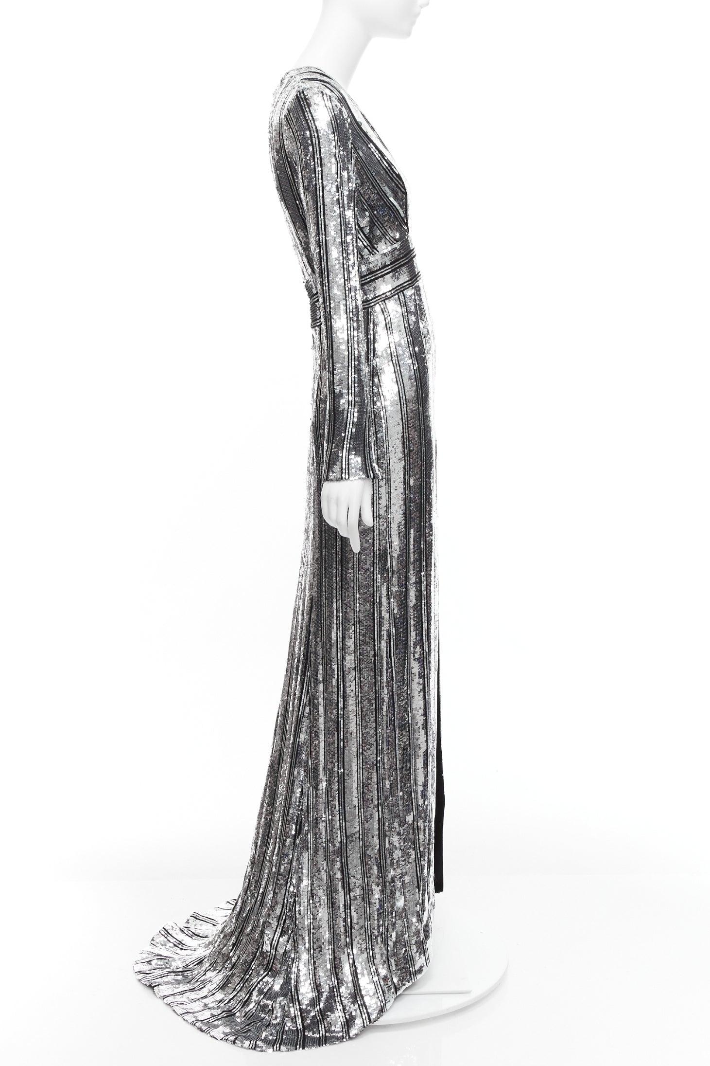 Gray GALVAN LONDON 1616 Stardust silver black sequin deep V slit sleeve gown IT36 XXS