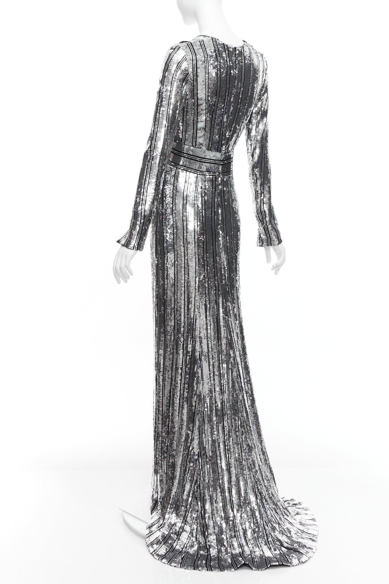 Women's GALVAN LONDON 1616 Stardust silver black sequin deep V slit sleeve gown IT36 XXS