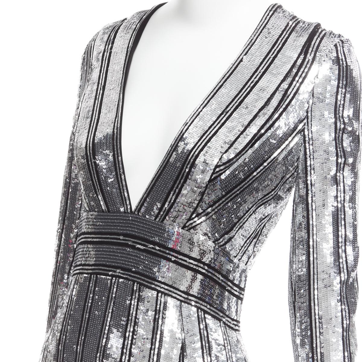 GALVAN LONDON 1616 Stardust silver black sequin deep V slit sleeve gown IT36 XXS 1