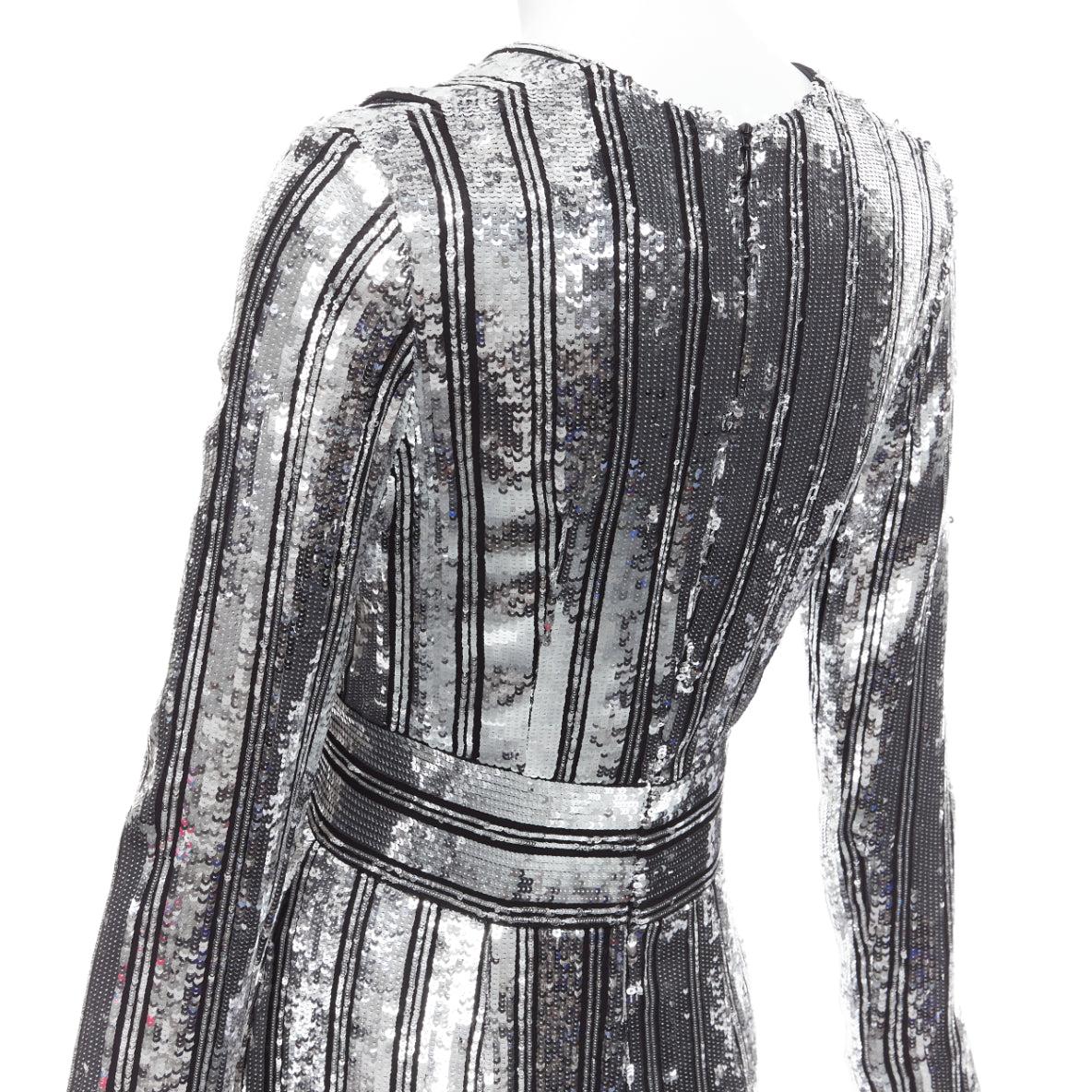 GALVAN LONDON 1616 Stardust silver black sequin deep V slit sleeve gown IT36 XXS 2