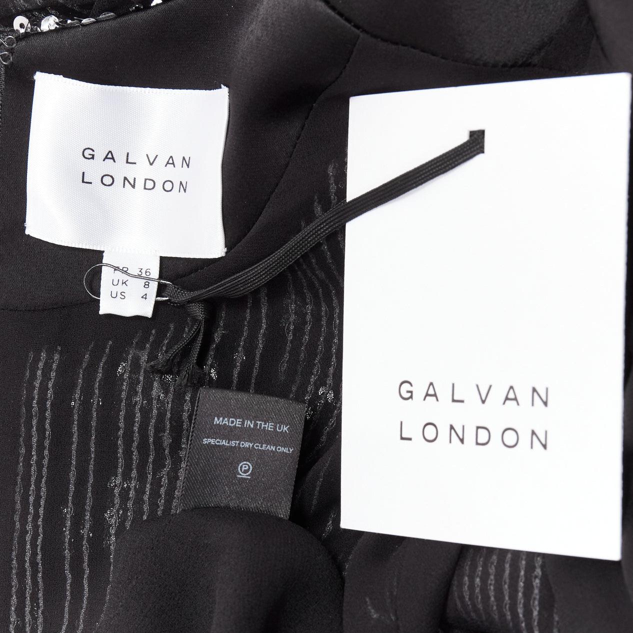 GALVAN LONDON 1616 Stardust silver black sequin deep V slit sleeve gown IT36 XXS 4