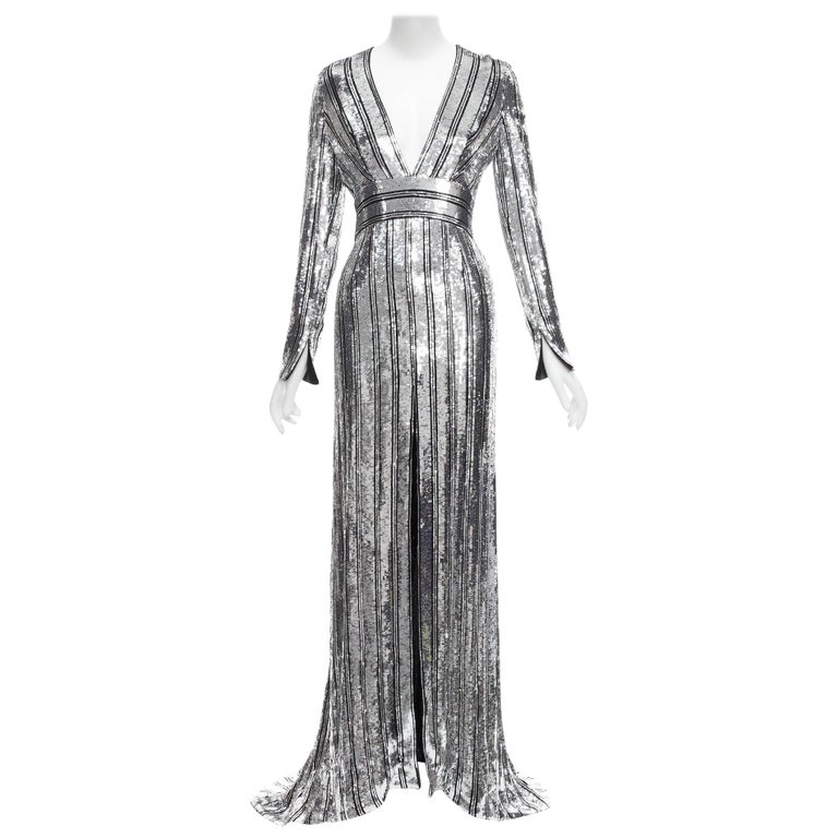 GALVAN LONDON 1616 Stardust silver black sequin deep V slit sleeve gown IT36 XXS at 1stDibs GALVAN LONDON 1616 Stardust silver black sequin deep V slit sleeve gown IT36 XXS at 1stDibs