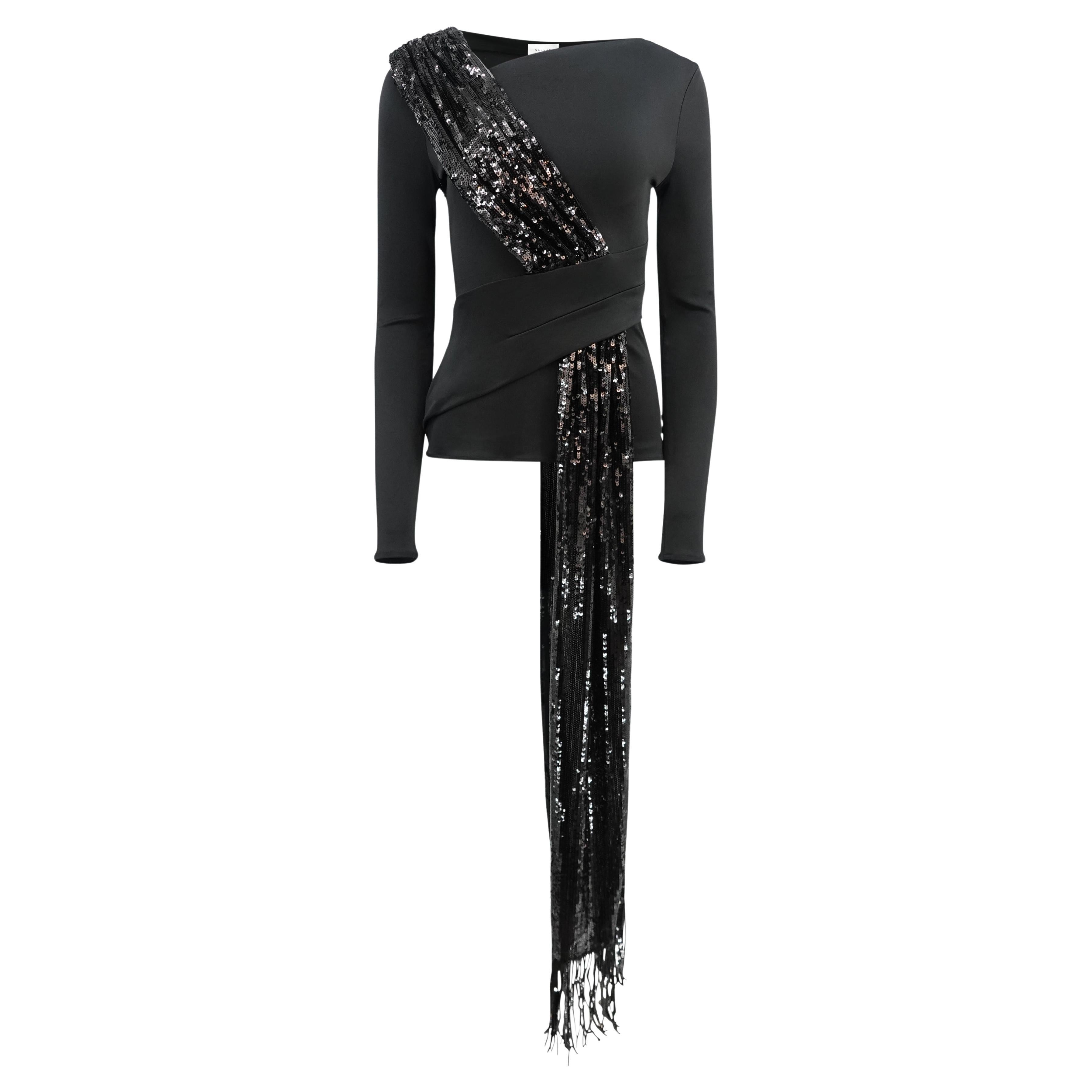 Galvan London Asymmetrical Black Sequin Sash Long Sleeved Jersey Top NWT en vente