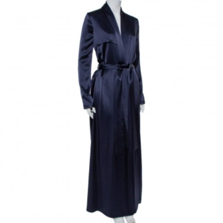 Black Galvan London Midnight Blue Satin Belted Trench Coat S For Sale