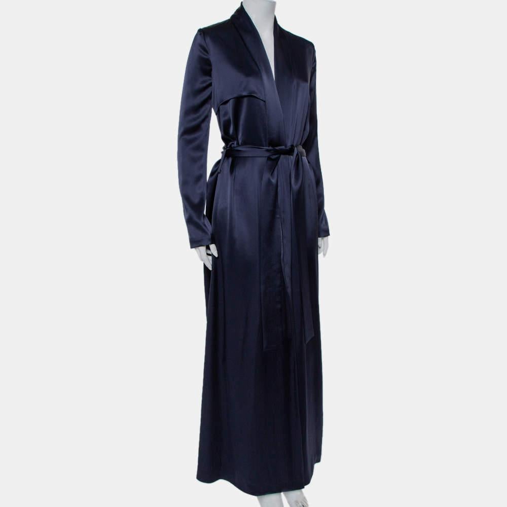 Black Galvan London Midnight Blue Satin Belted Trench Coat S For Sale