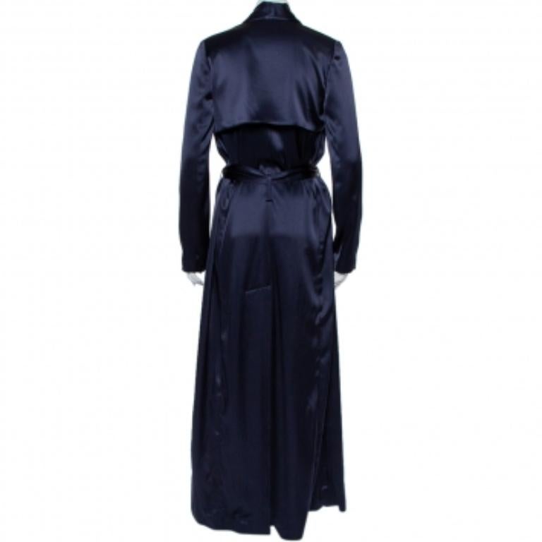 Galvan London Midnight Blue Satin Belted Trench Coat S In Excellent Condition For Sale In Dubai, Al Qouz 2