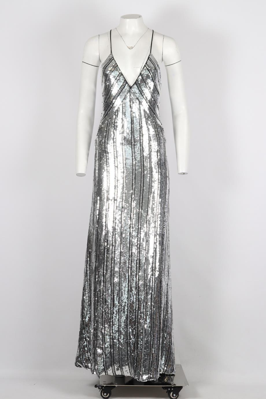 Galvan London Sequined Chiffon Maxi Dress. Silver and black. Sleeveless. Slips on. 100% Viscose. 100% Polyester. FR 38 (UK 10, US 6, IT 42). Bust: 30.8 in. Hips: 33.9 in. Length: 51.8 in. Condition: Used. Very good condition - Light signs of wear;