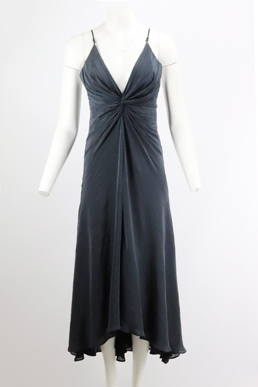 Galvan London twist front crinkled satin midi dress. Navy. Sleeveless, v-neck. Zip fastening at back. 100% Polyester; lining: 100% polyester. Size: UK 10 (US 6, FR 38, IT 42). Bust: 31 in. Waist: 27 in. Hips: 42 in. Length: 48 in
