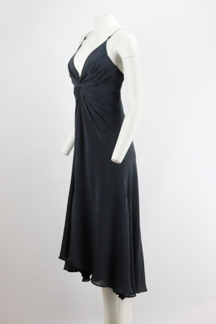 Black Galvan London Twist Front Crinkled Satin Midi Dress Uk 10