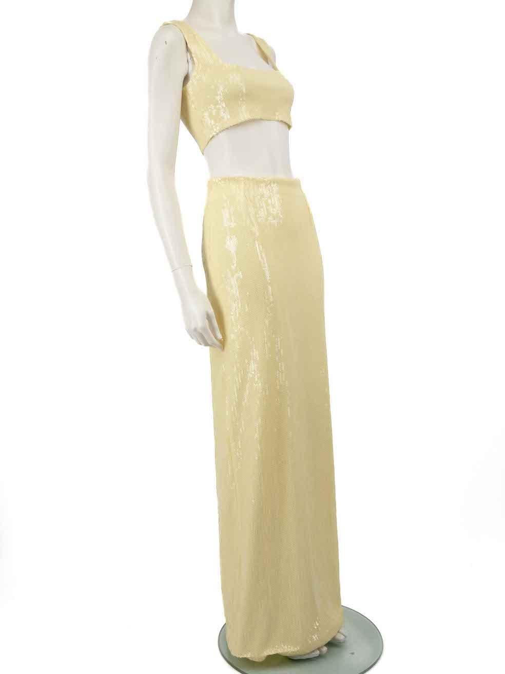 CONDITION is Very good. Minimal wear to the set is evident. There are some marks in the lining of the skirt and the lining of the crop top on this used Galvan London designer resale item. Comes with dust bag.
 
 Details
 Yellow
 Polyester
 Top and