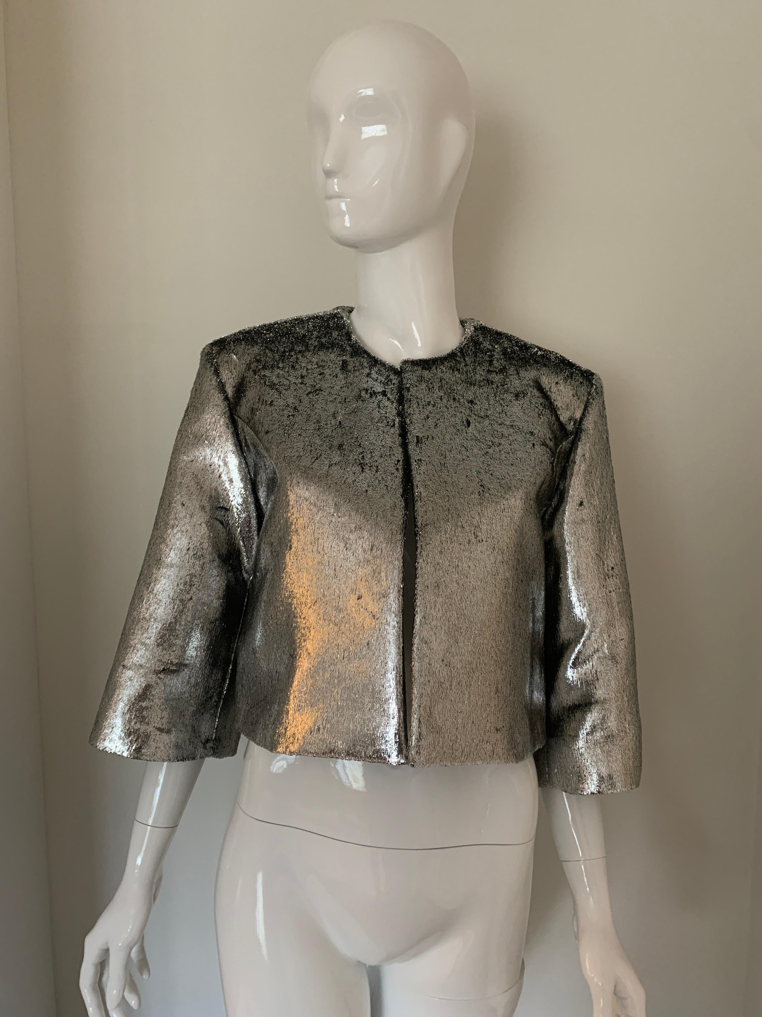 Galvan Metallic Silver Cropped Jacket  In Excellent Condition In Thousand Oaks, CA