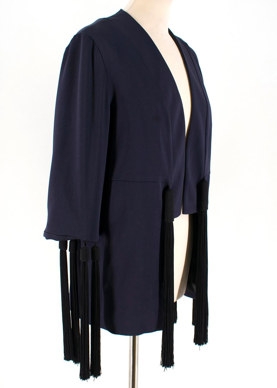 Galvan fringe navy blue jacket 

Open jacket with no closure
lining 97% polyester 3% elastane;
12 black fringe application;
Made in England 

approx
Measurements are taken laying flat, seam to seam. 
shoulders 40 cm
sleeve length 40 cm
chest 50