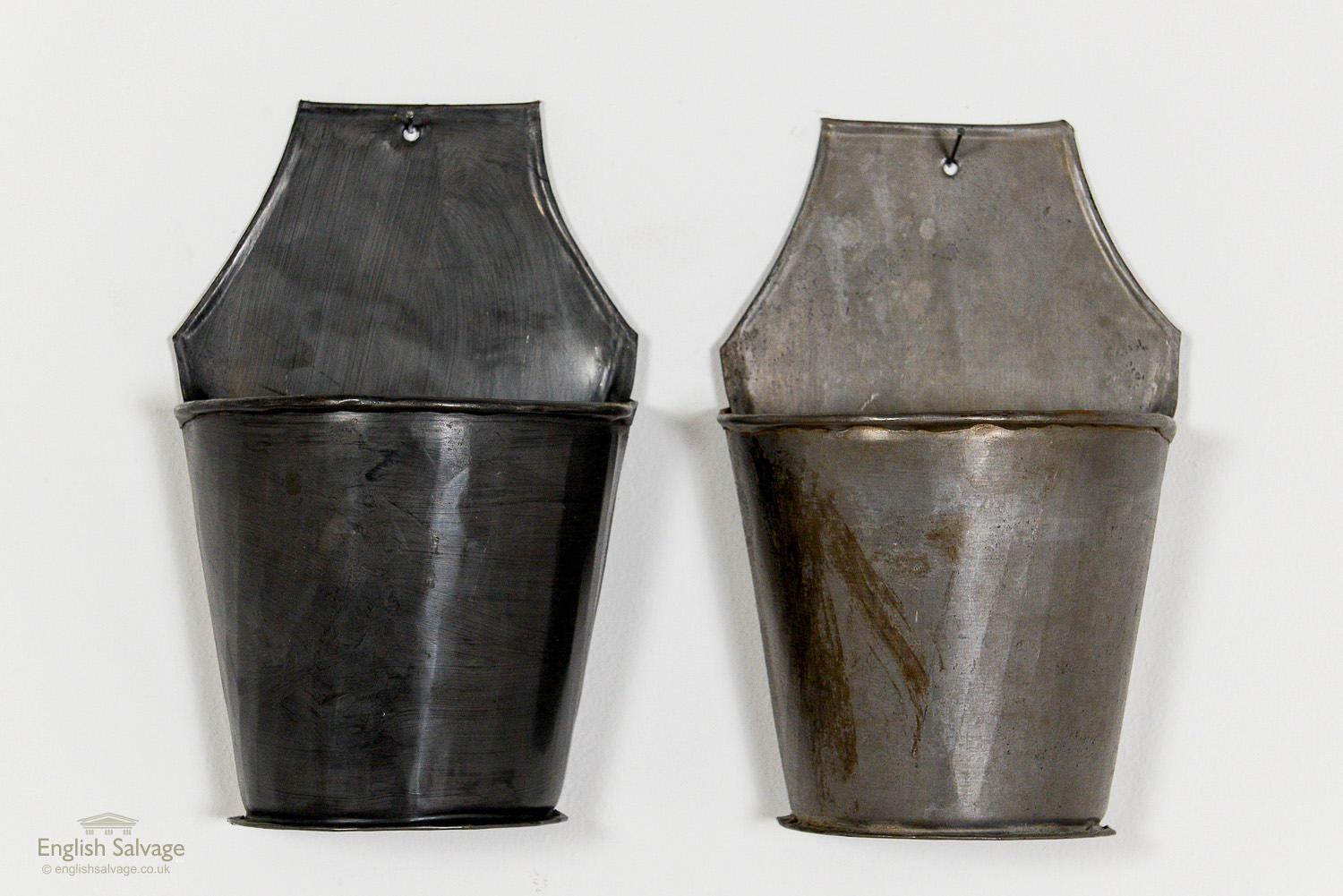 Semi circular galvanised planters / storage / display buckets with a flat back and hole for wall hanging. Approximate size of each stated below, there will be some slight variation as each is slightly different.