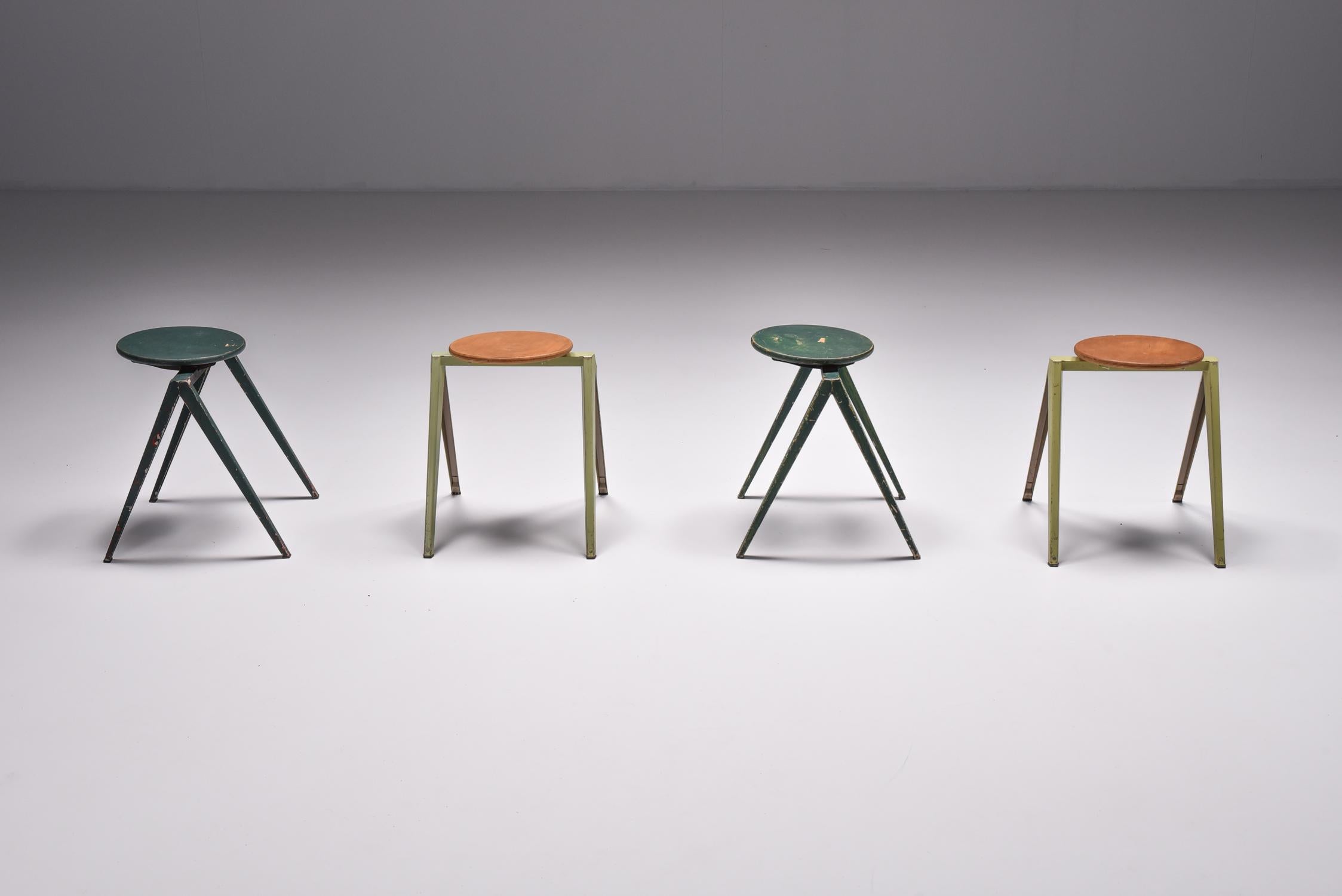 Industrial Galvanitas Low Stools Prouve Style, 1970s