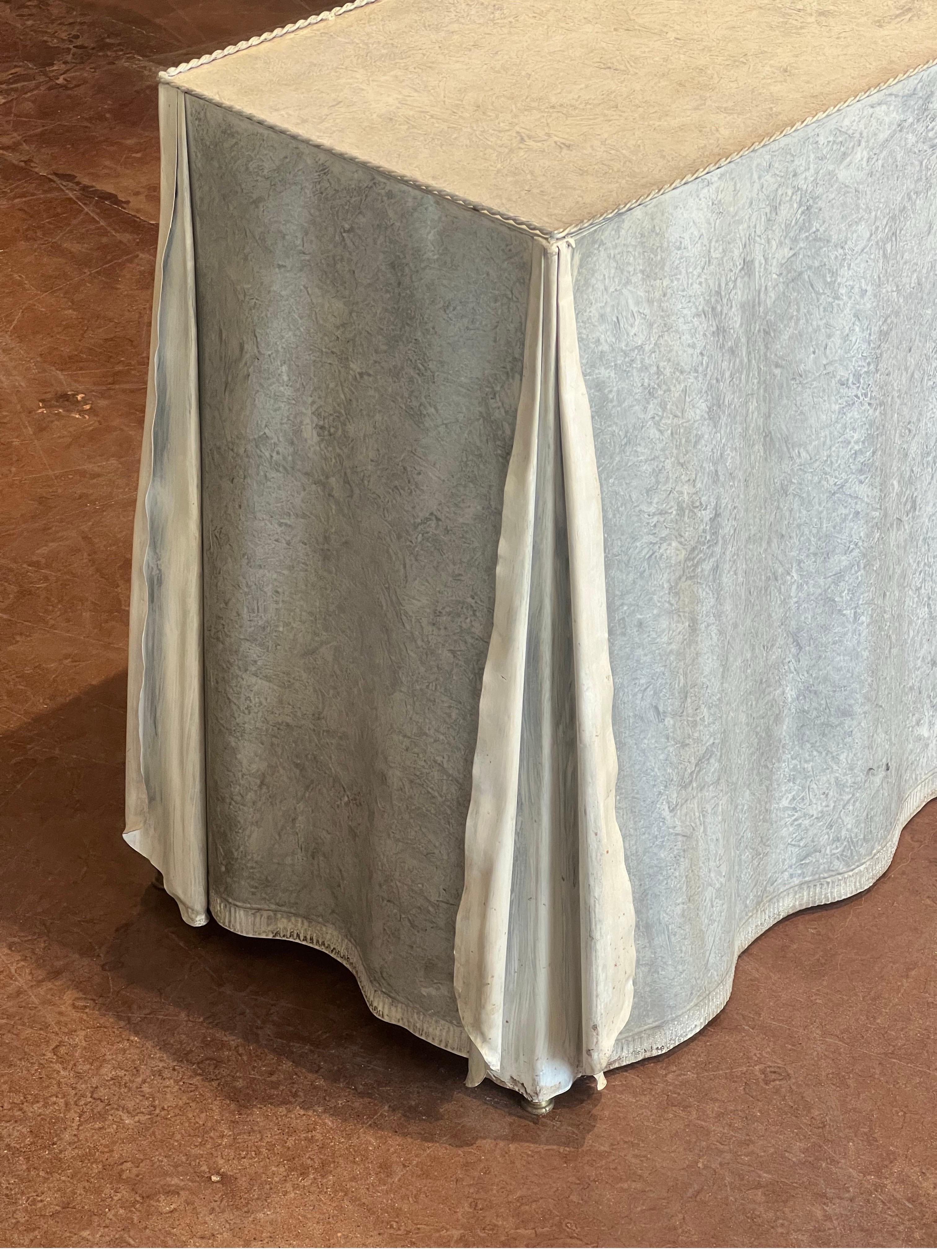 **John Dickinson Style Galvanized Steel Drape Console Table - Trompe L'Oeil Design**

Dimensions: 50