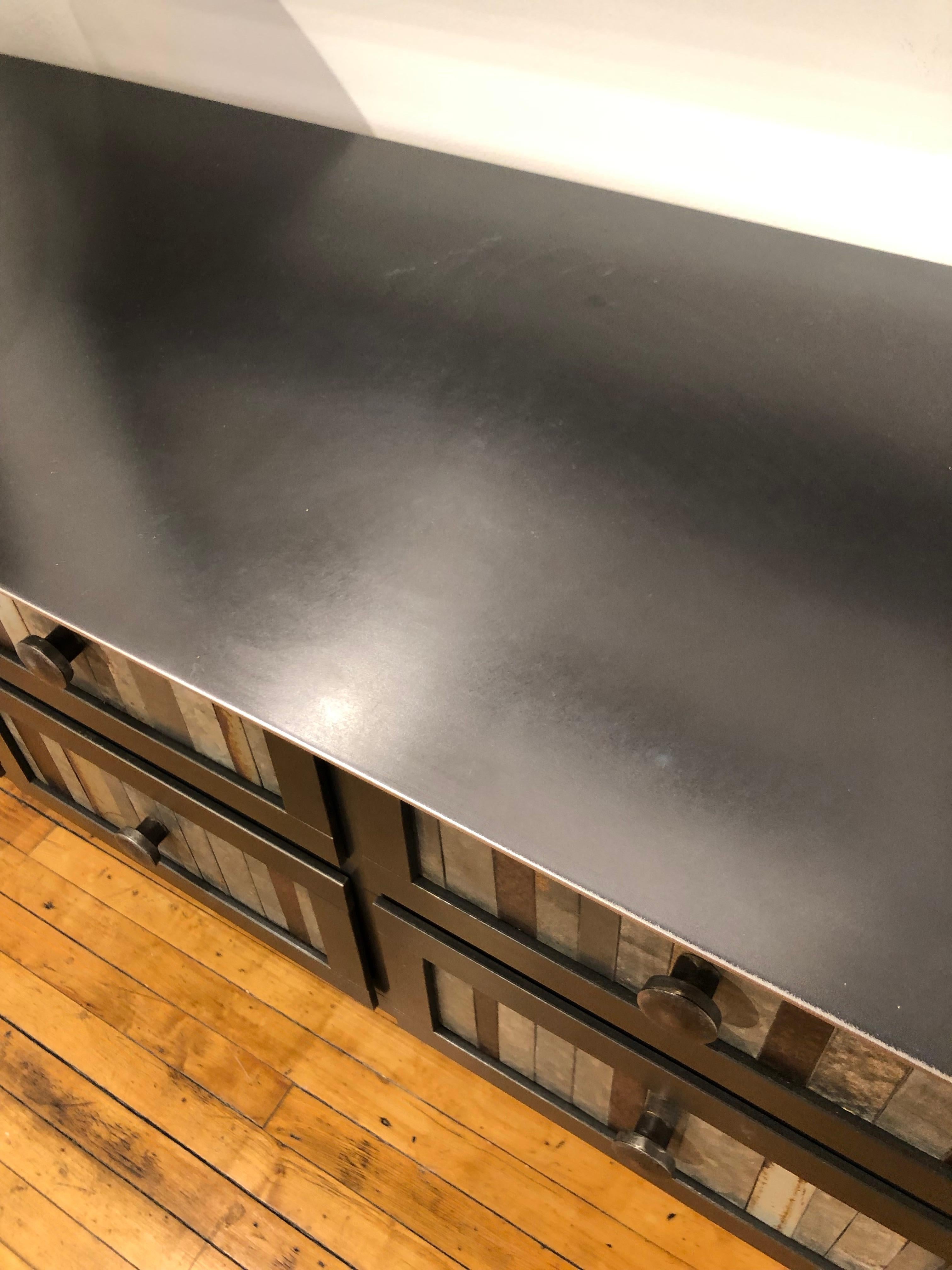 Mid-Century Modern Galvanized Strip Quilt Counter, 8-Drawer Functional Art Steel Furniture