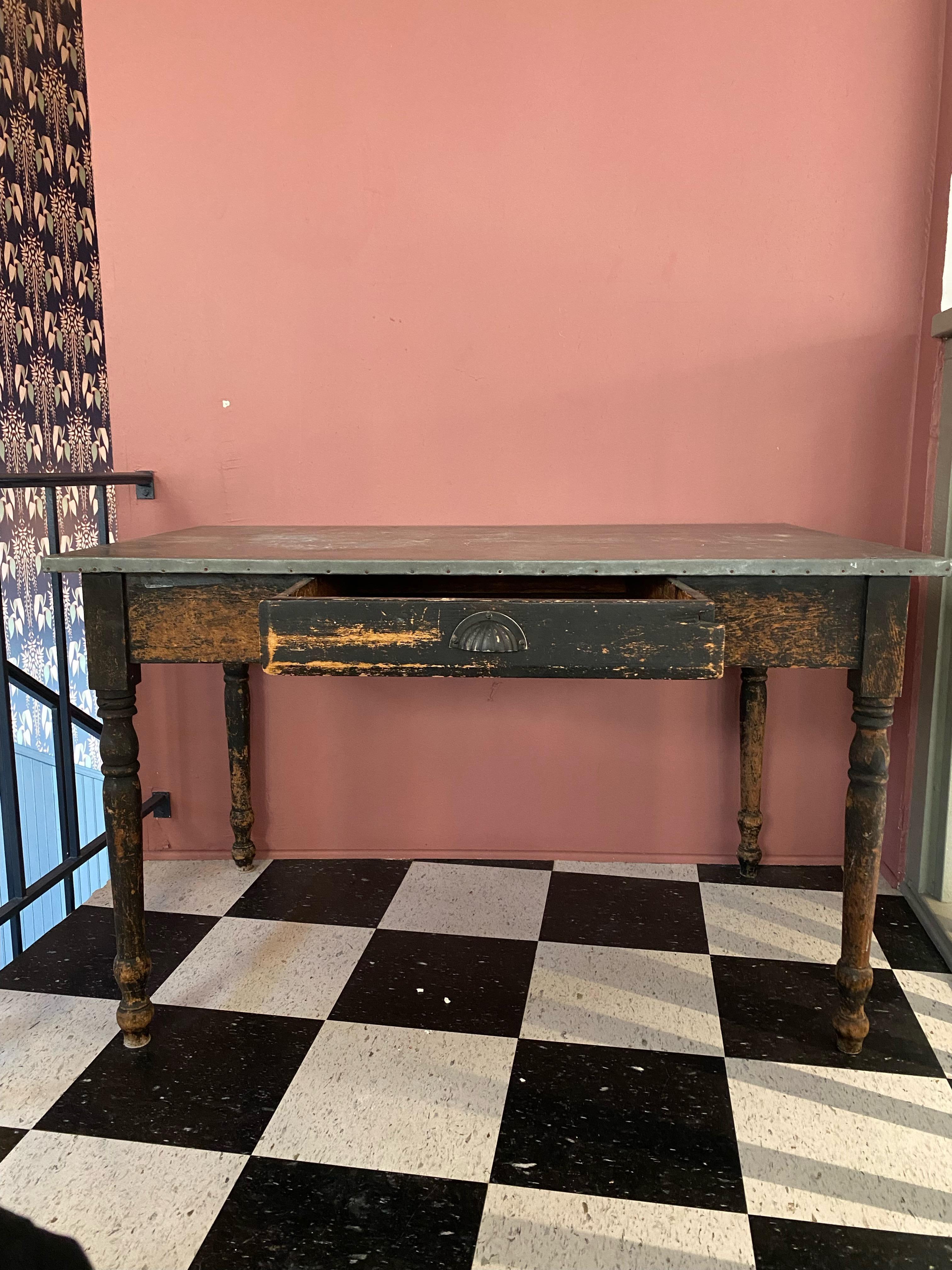 Galvanized Metal and Wood Writing Desk In Good Condition In Los Angeles, CA