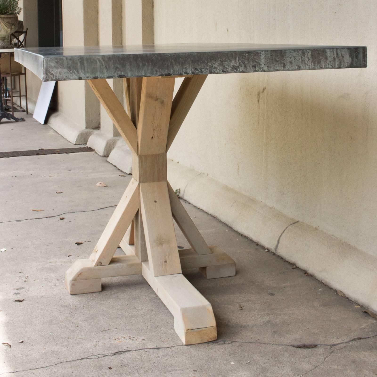 Galvanized Zinc Metal Top Dining Table with Wood Base In Excellent Condition In Houston, TX