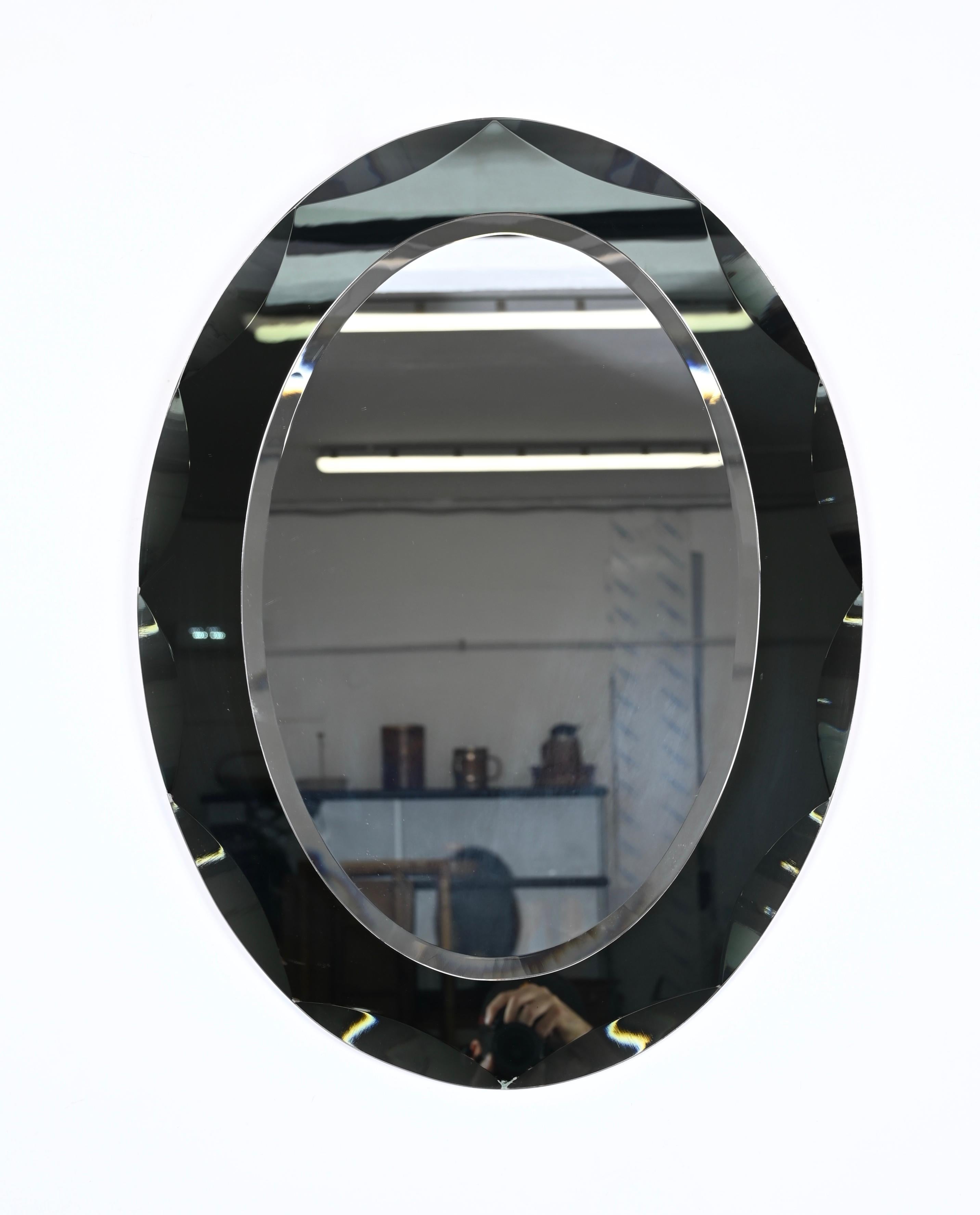 Galvorame BlueGray Oval Mirror with Beveled Frame, Italy 1960s 3