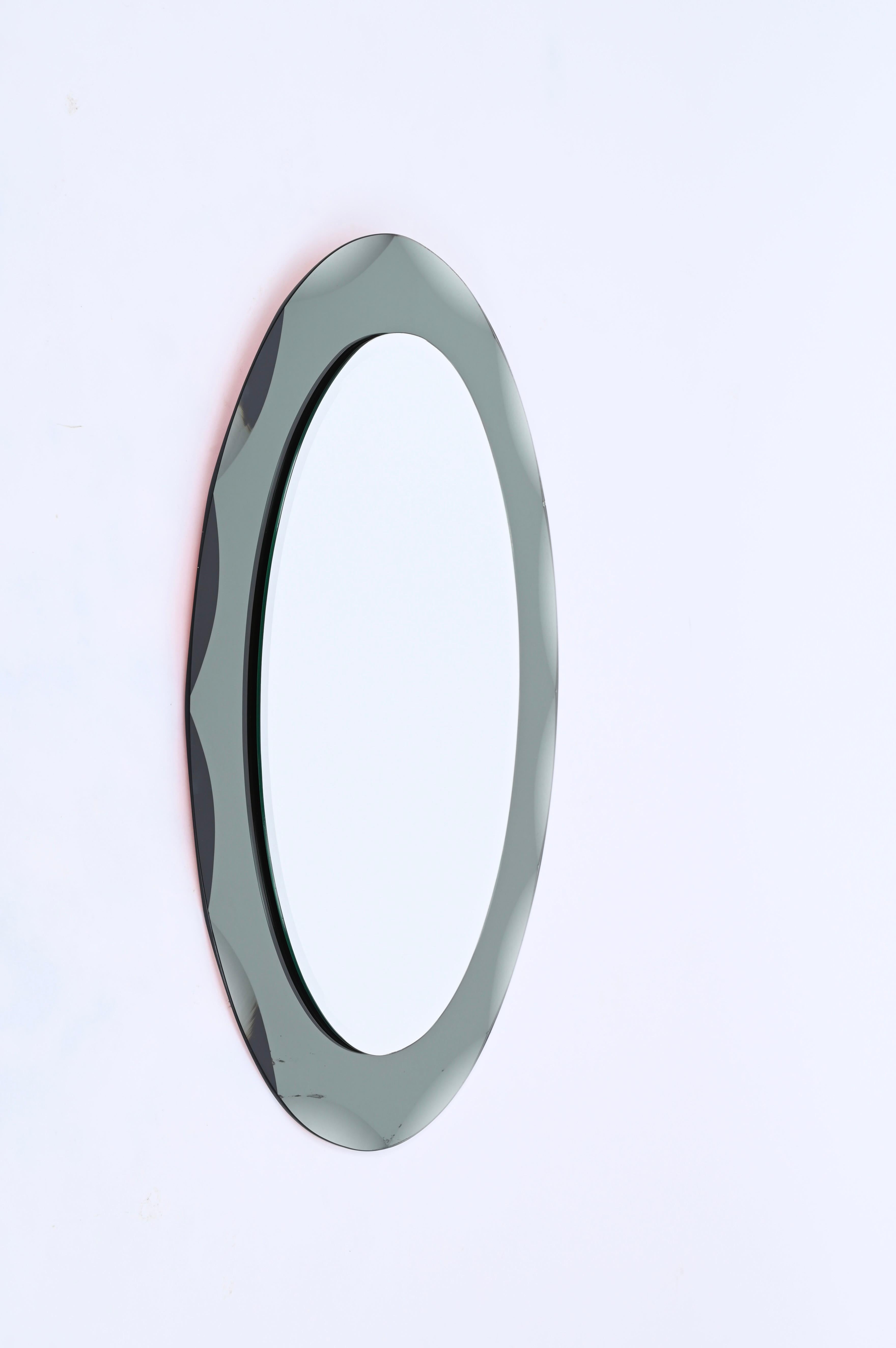 Galvorame BlueGray Oval Mirror with Beveled Frame, Italy 1960s 5
