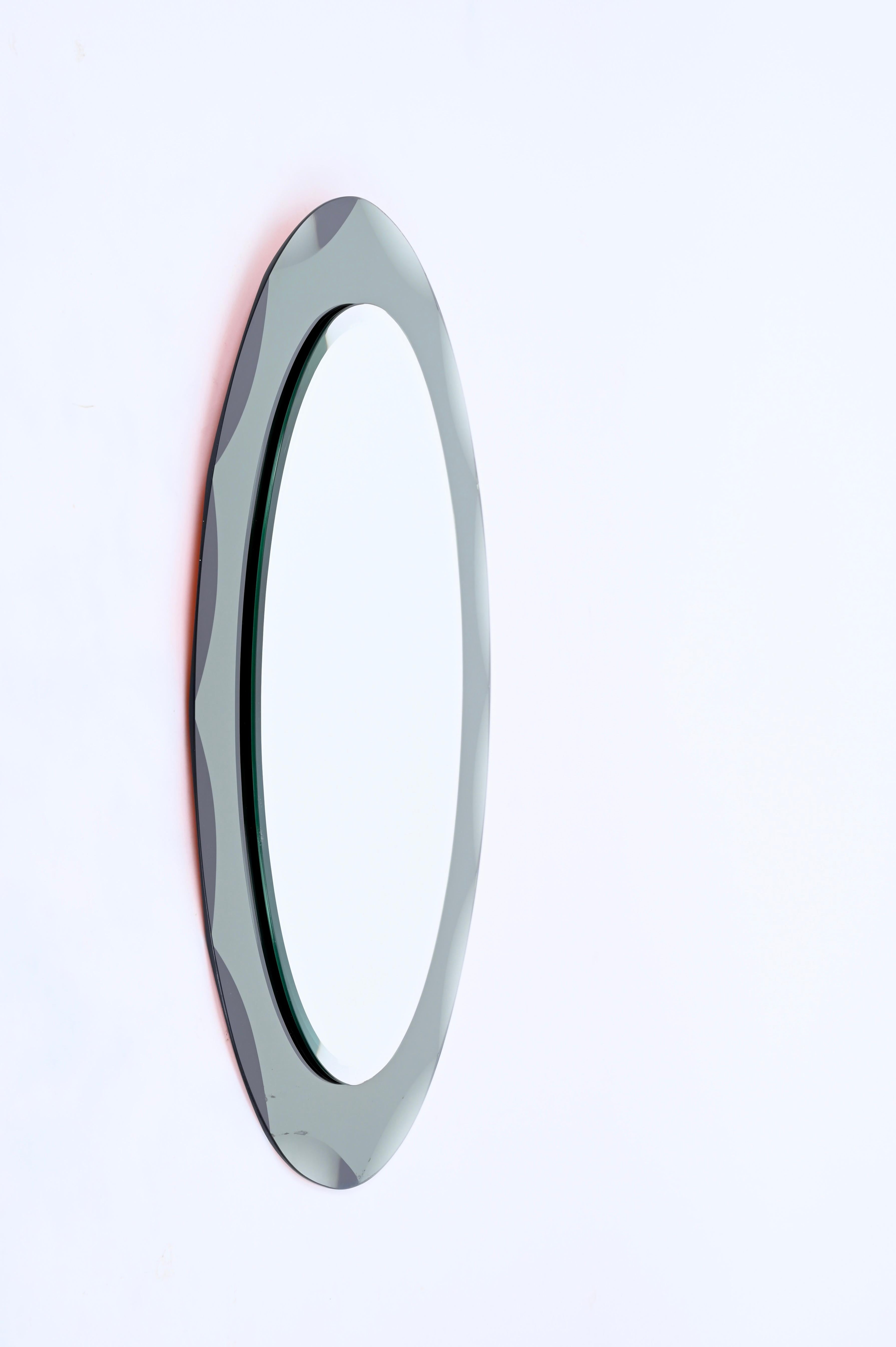 Mid-Century Modern Galvorame BlueGray Oval Mirror with Beveled Frame, Italy 1960s