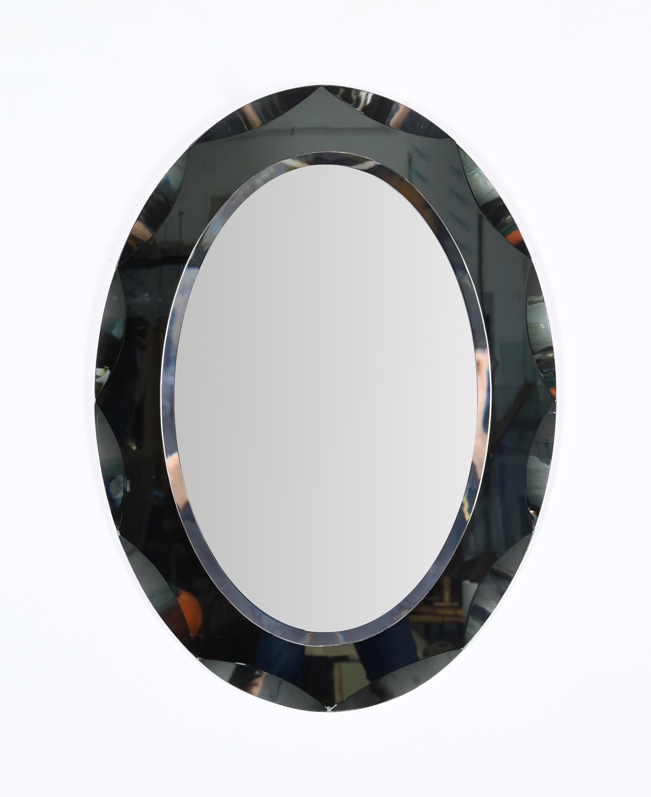 Galvorame BlueGray Oval Mirror with Beveled Frame, Italy 1960s 1