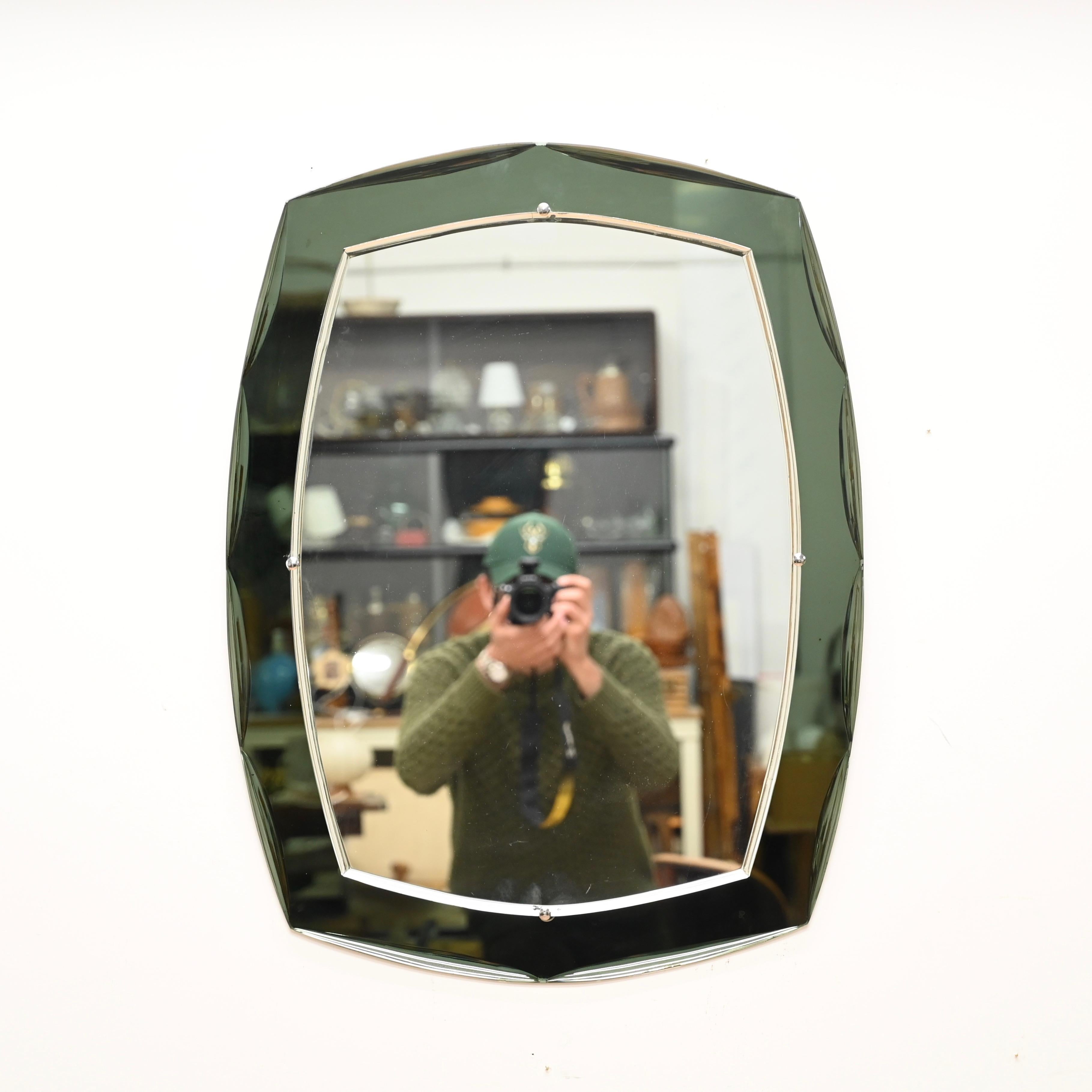 Glass Galvorame Gray Green Rectangular Double Beveled Mirror, Italy 1960s