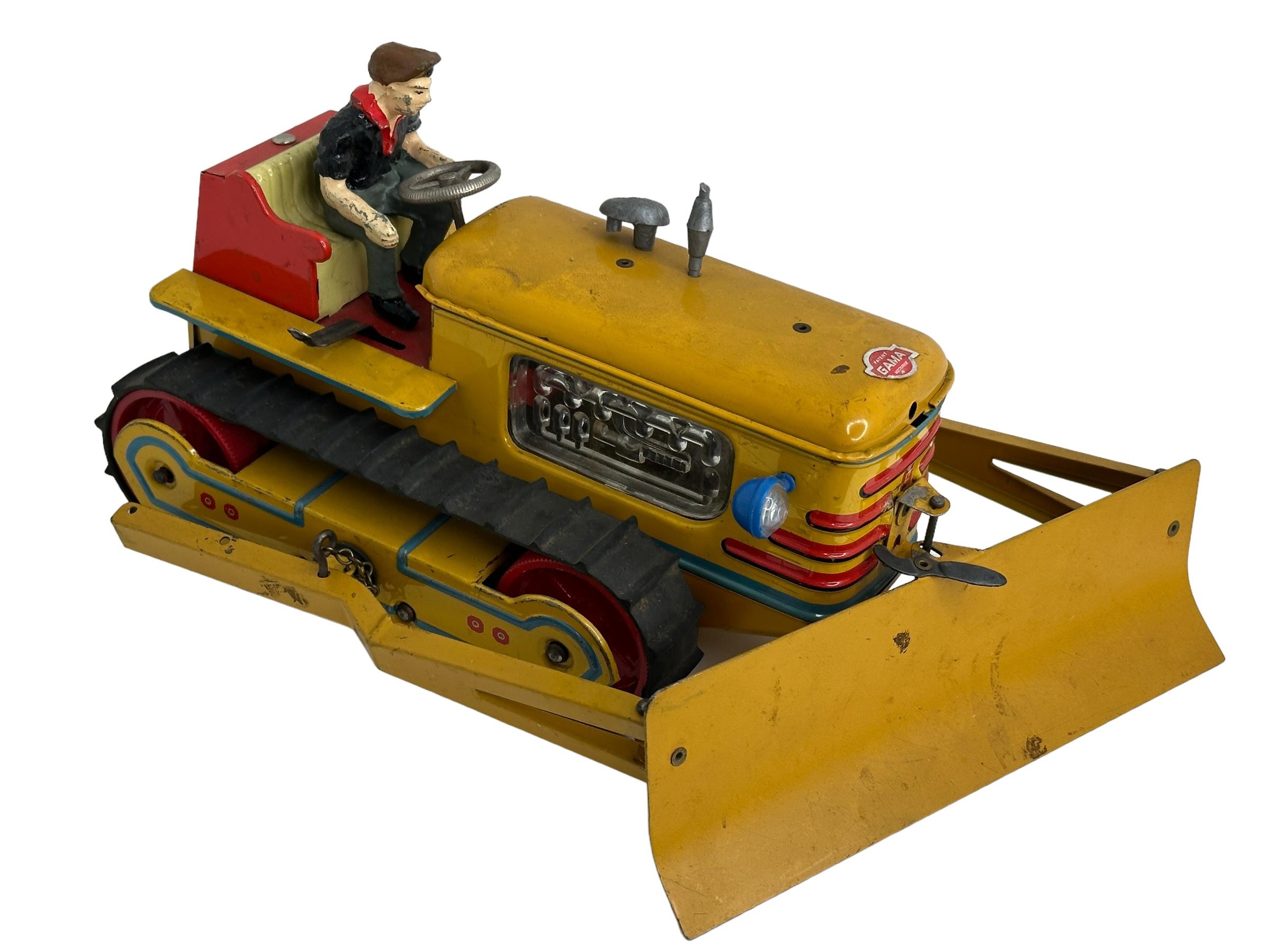 Gama Bulldozer Truck Zinn Spielzeugwagen Vintage Deutschland 1960er Jahre (Metall) im Angebot