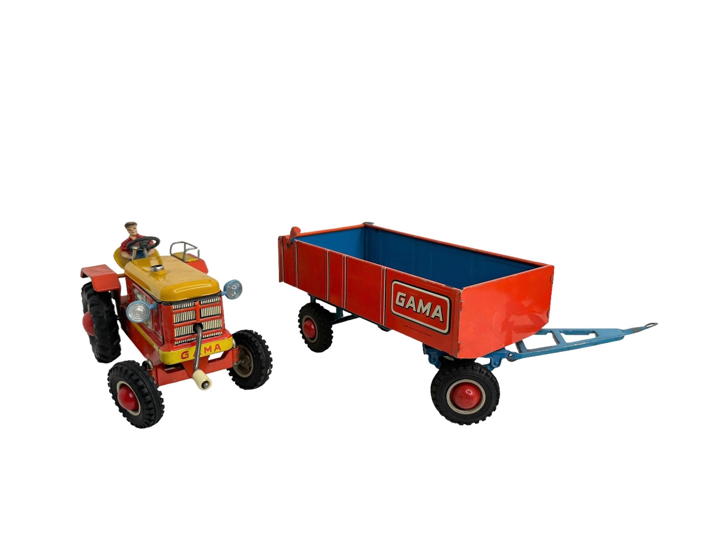 Gama Tractor and Trailer Tin Toy Car Vintage Germany 1960s 4