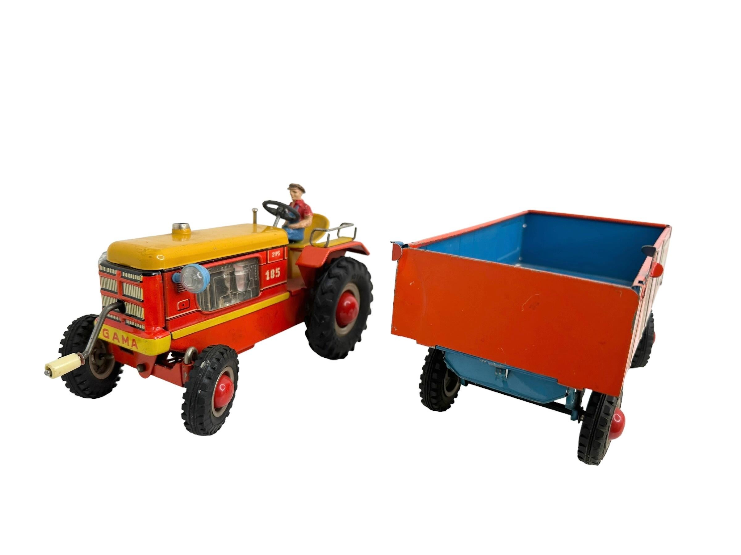 Gama Tractor and Trailer Tin Toy Car Vintage Germany 1960s 5