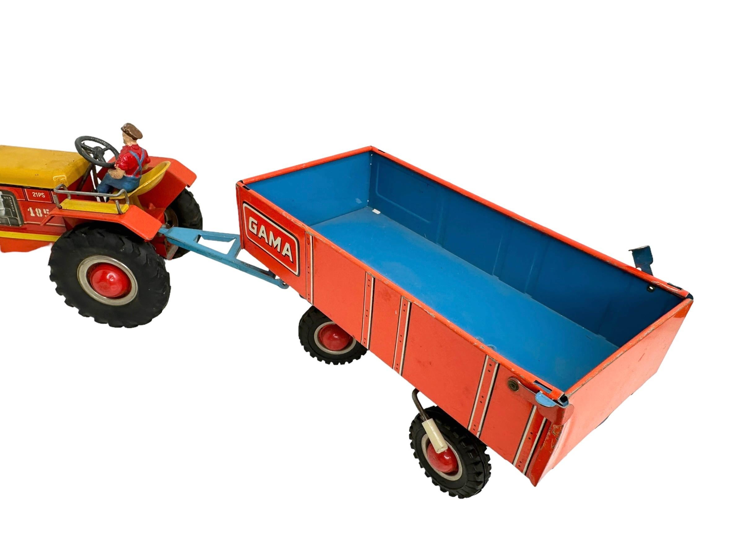 20th Century Gama Tractor and Trailer Tin Toy Car Vintage Germany 1960s
