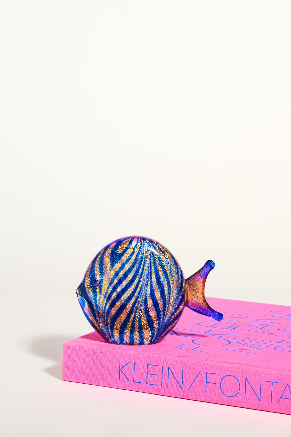 Murano glass fish in shimmering cobalt blue and gold, signed on base.