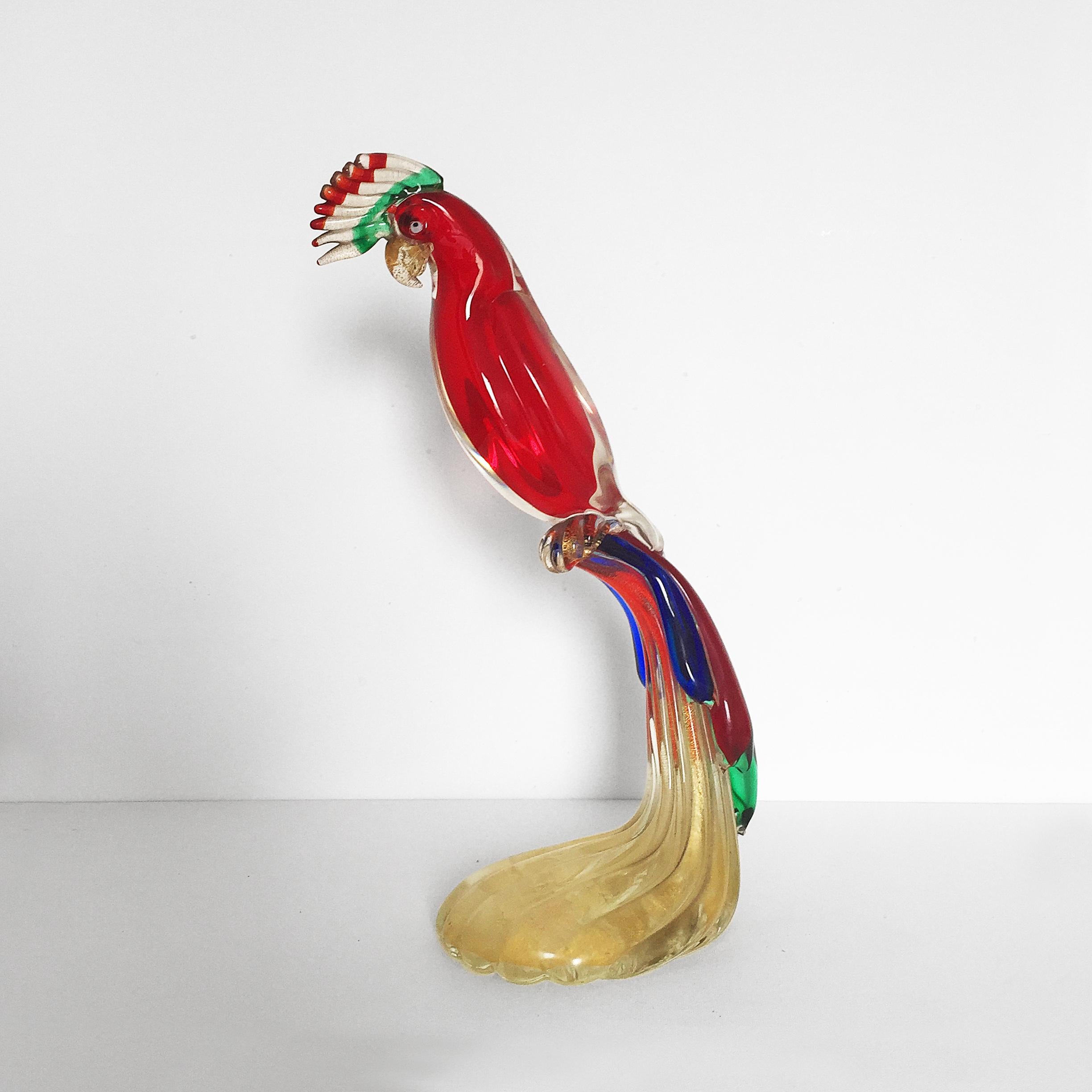 Mid-Century Modern Large Gambaro & Poggi Murano Glass Parrot in Red, Blue, Green and Gold Flakes For Sale