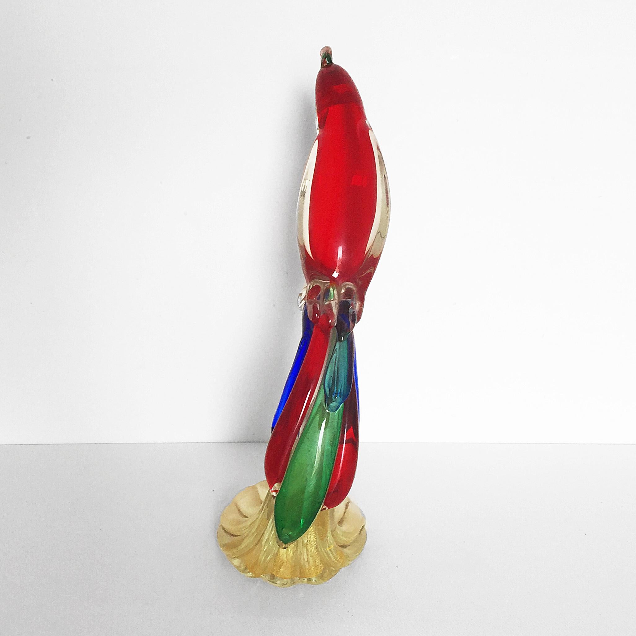 Italian Large Gambaro & Poggi Murano Glass Parrot in Red, Blue, Green and Gold Flakes For Sale